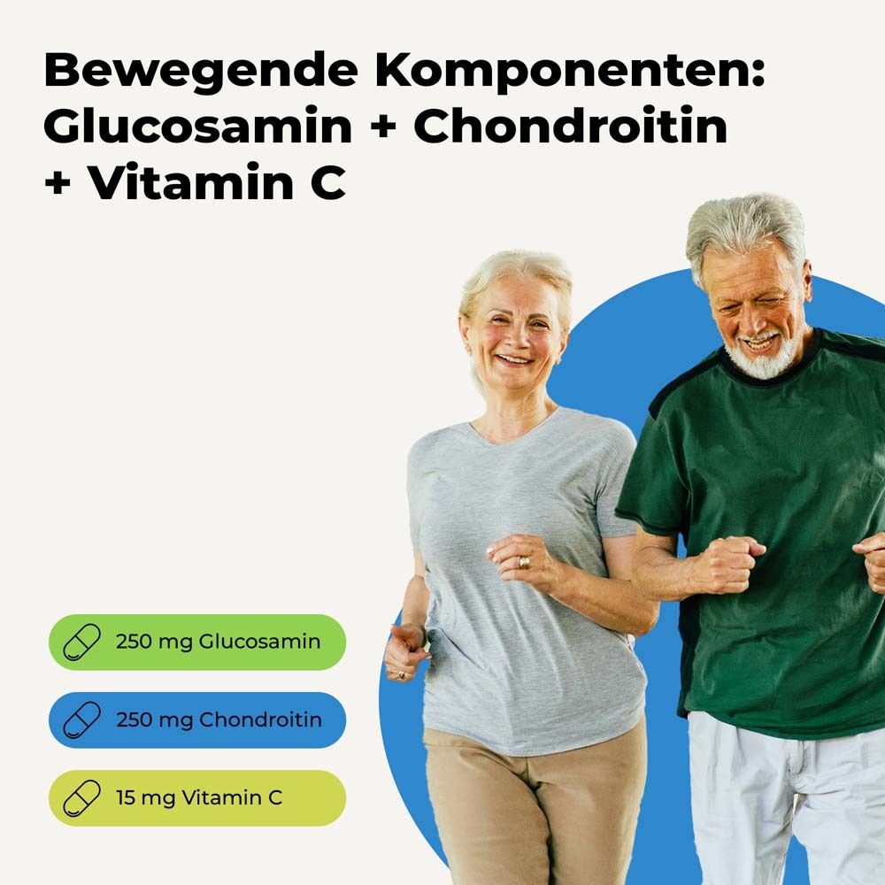 Älteres Paar beim Joggen. Text: Bewegende Komponenten: Glucosamin + Chondroitin + Vitamin C. 250 mg Glucosamin, 250 mg Chondroitin, 15 mg Vitamin C.