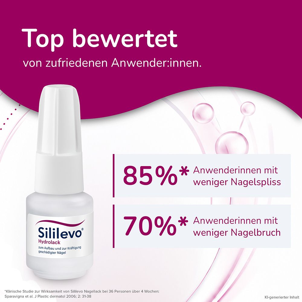 Flasche "Sililevo Hydrolack" für Nägel. "Top bewertet" mit 85% weniger Nagelspliss.