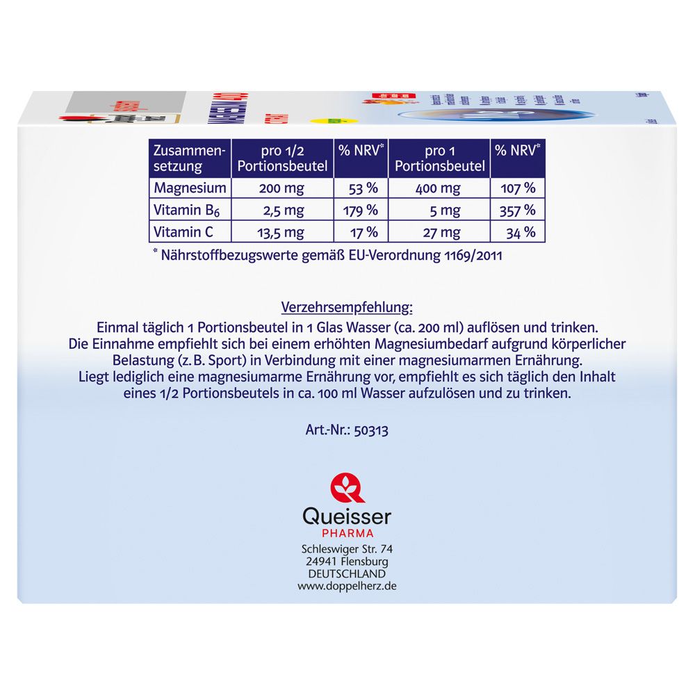 Rückseite der Verpackung von Doppelherz system Magnesium 400 Citrat. Nährwerttabelle. Herstelleradresse: Queisser Pharma.