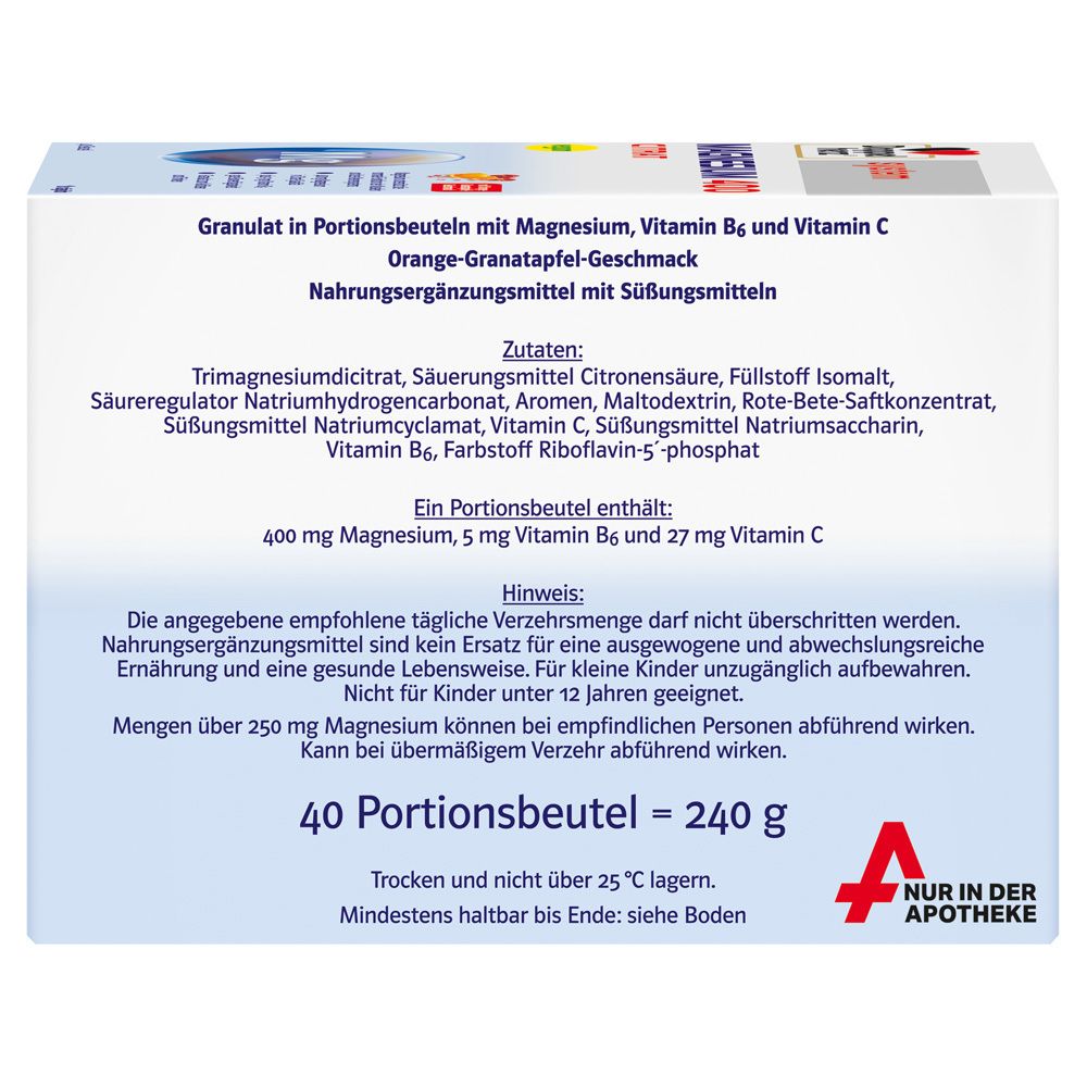 Rückseite der Verpackung von Doppelherz system Magnesium 400 Citrat. Zutatenliste. 40 Portionenbeutel. 240 g.