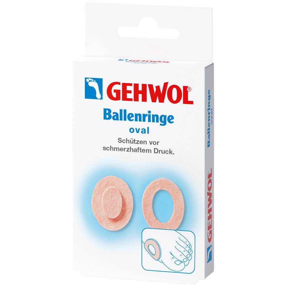 Verpackung von GEHWOL Ballenringe oval. Zwei ovale, hautfarbene Ringe und eine Abbildung zur Anwendung sind sichtbar.