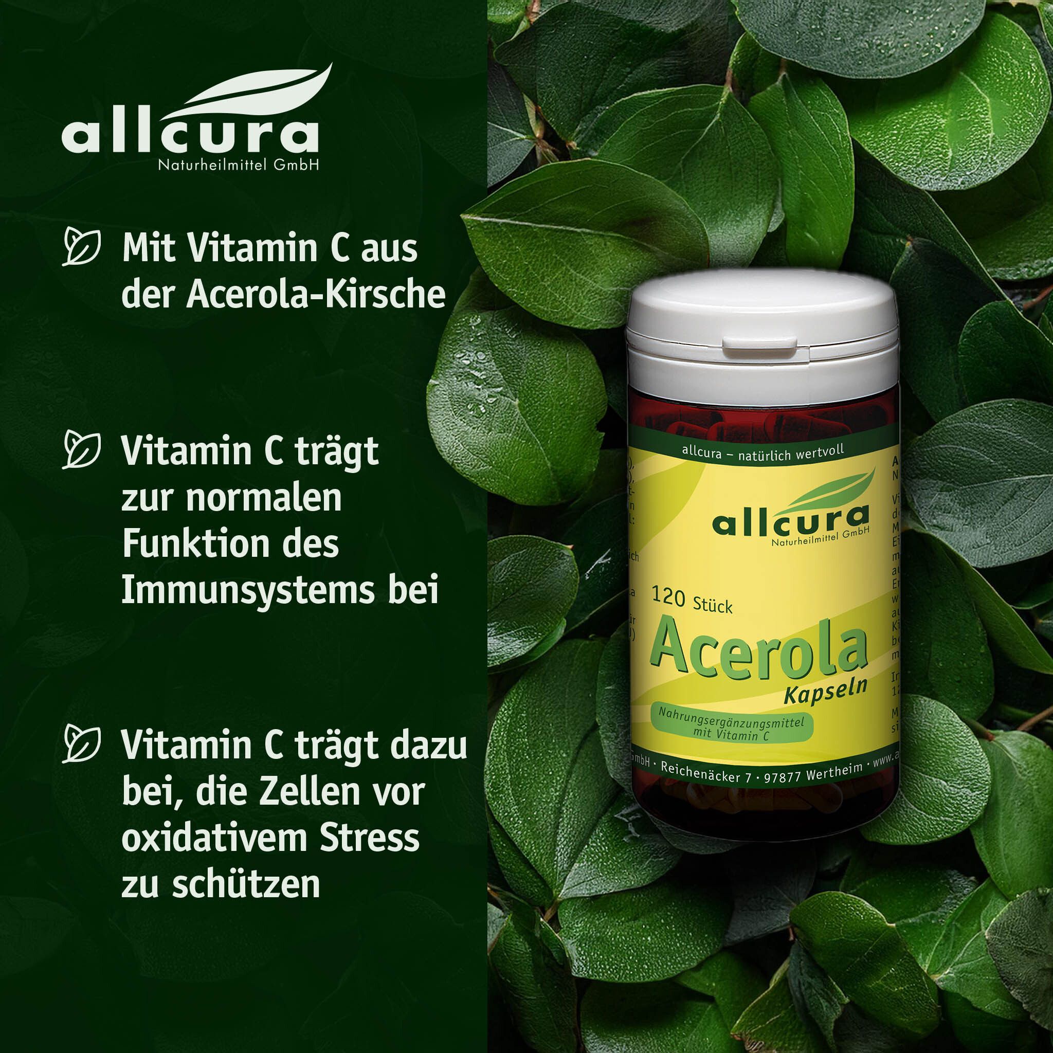 Dose Acerola Kapseln, 120 Stück, auf Blättern. Text: Mit Vitamin C aus Acerola-Kirsche.