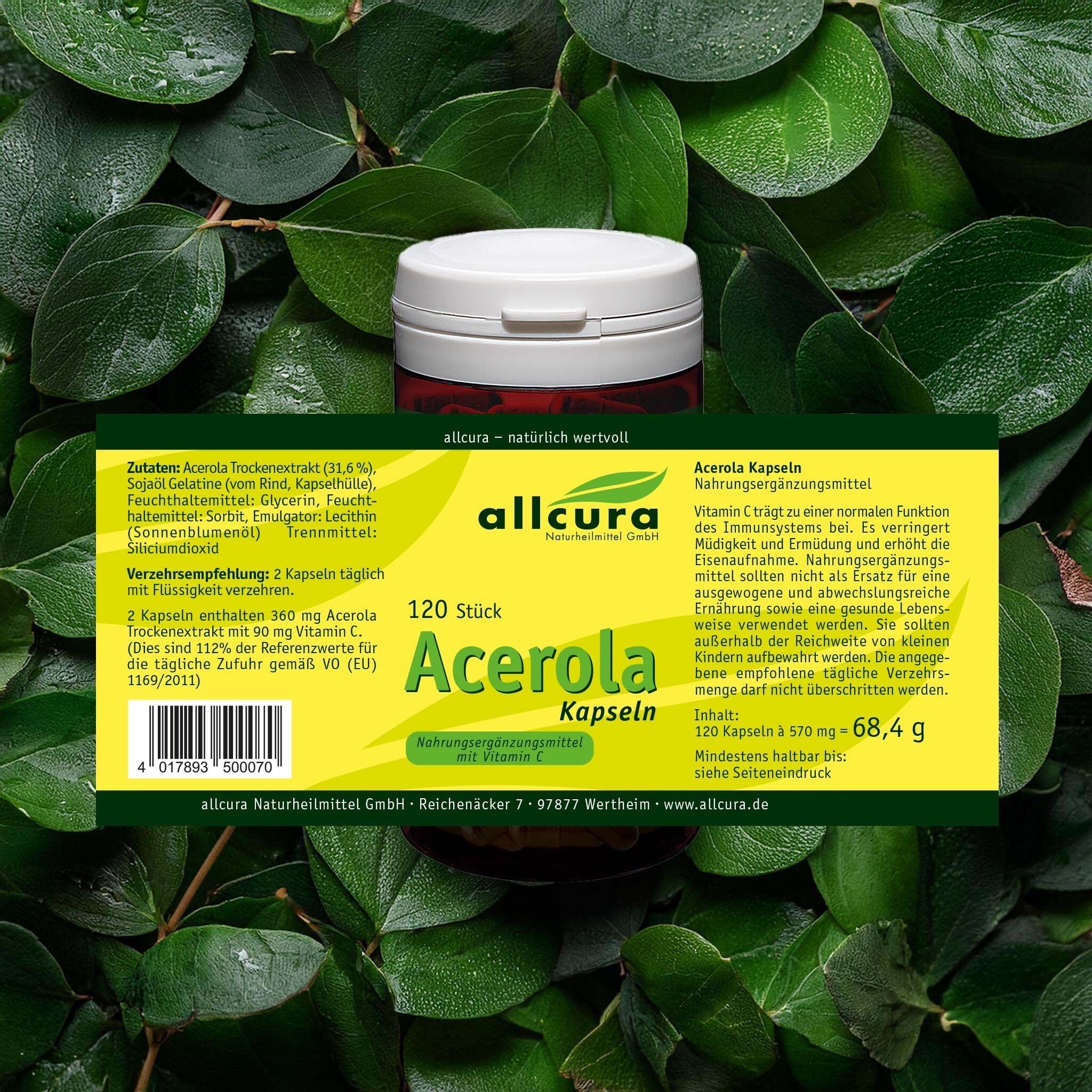 Dose Acerola Kapseln, 120 Stück, auf Blättern. Etikett mit Inhaltsstoffen und Nährwertangaben.