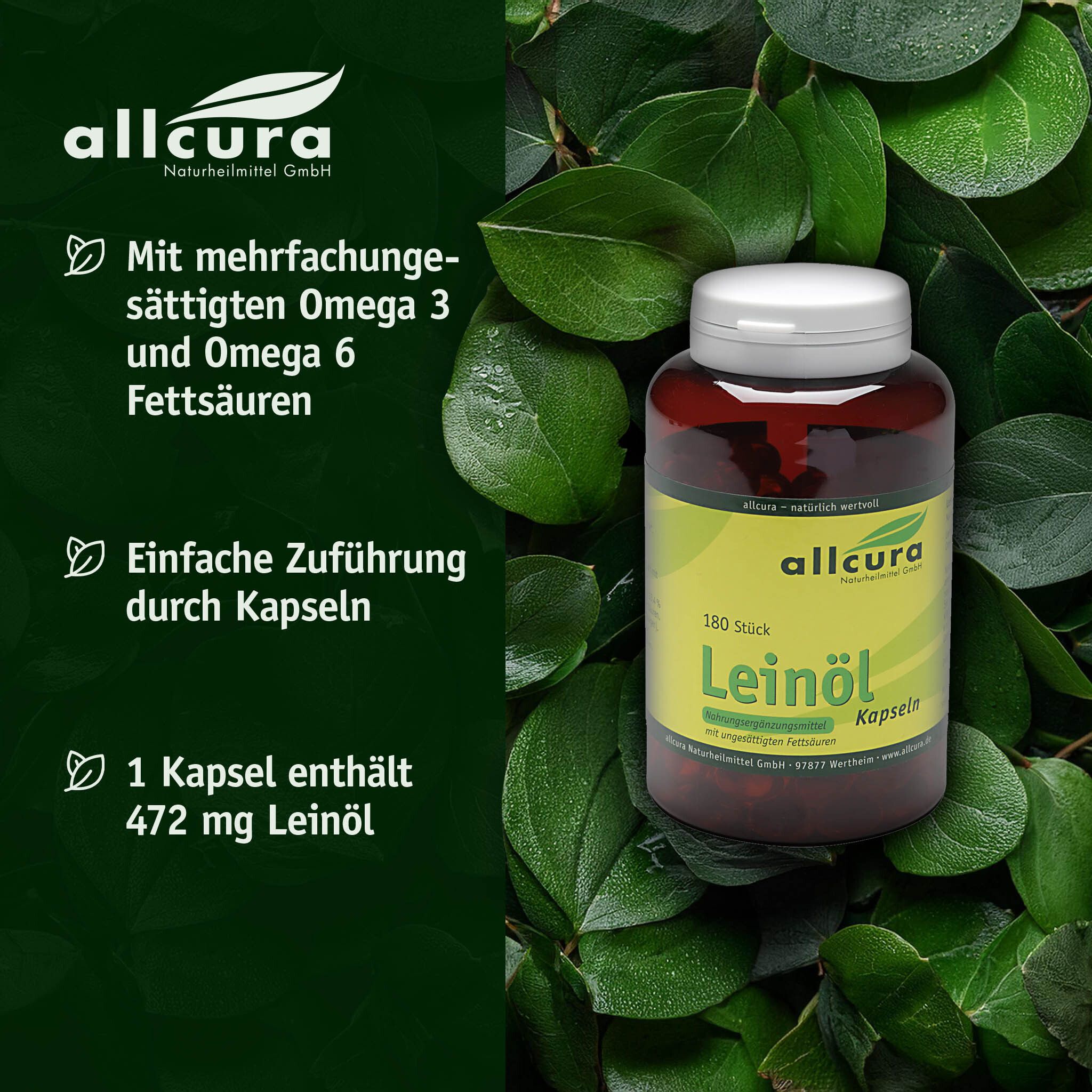 Braune Flasche mit Leinöl Kapseln, umgeben von grünen Blättern. Aufkleber mit Marke: allcura.