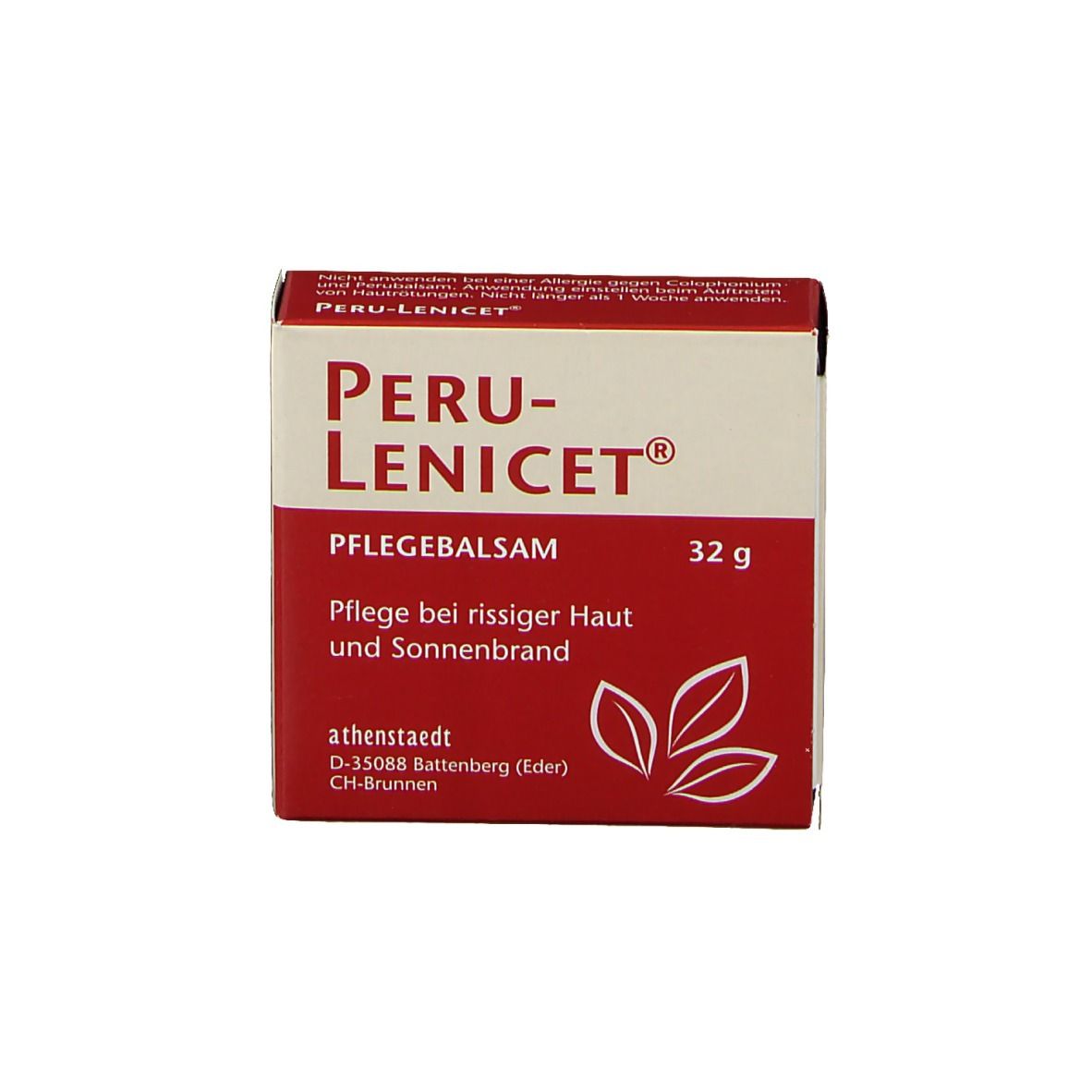Rote und weiße Schachtel mit PERU-LENICET®. Text: Pflegesalbe, 32 g. Für rissige Haut und Sonnenbrand.