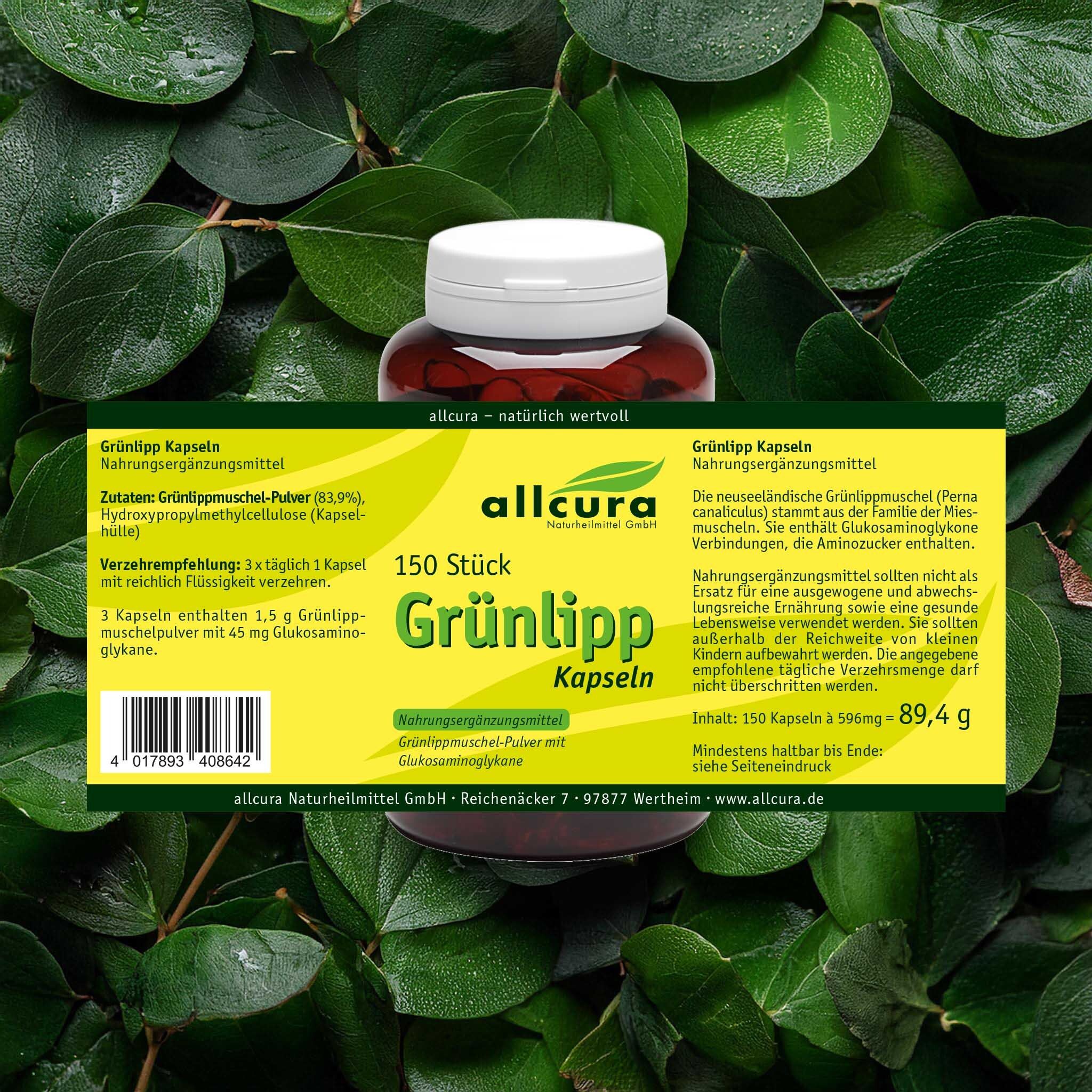 Braune Flasche mit weißem Deckel, umgeben von grünen Blättern. Aufschrift: allcura, 150 Stück, Grünlipp Kapseln.