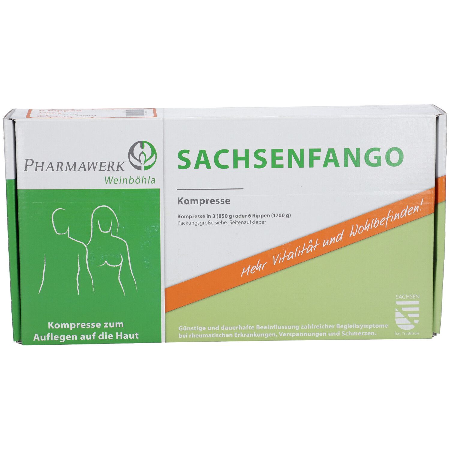 Verpackung von SACHSENFANGO Kompresse. Weißer Karton mit grünen und orangenen Akzenten. Produktname und Logo deutlich sichtbar.