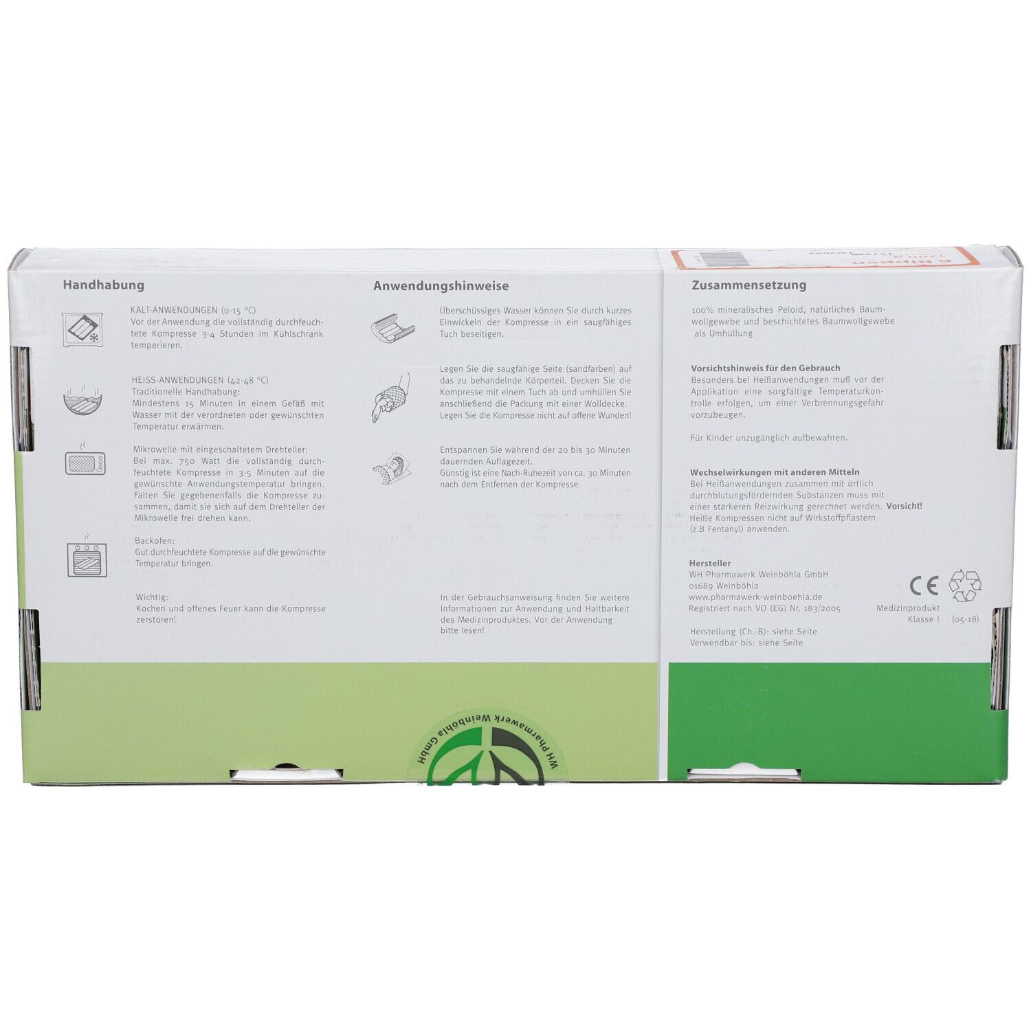 Rückseite der SACHSENFANGO Kompresse Verpackung. Text und Piktogramme auf weißem und grünem Hintergrund. CE-Kennzeichnung.
