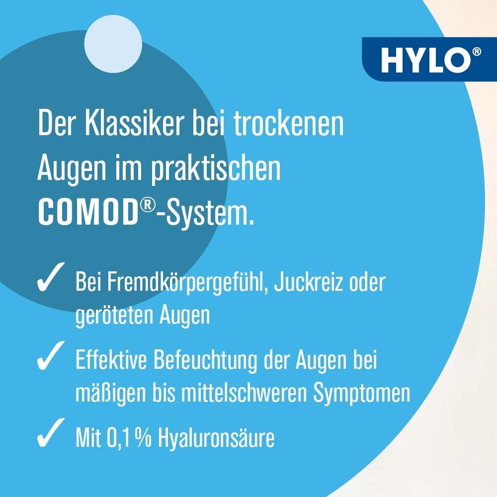 Text auf blauem Hintergrund. Produktinformationen: COMOD®-System, bei trockenen Augen, 0,1% Hyaluronsäure.
