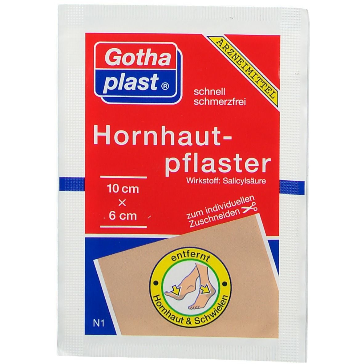 Verpackung mit Gothaplast® Hornhautpflaster. Rotes Feld mit Produktname und Größenangabe 10 cm x 6 cm. N1.