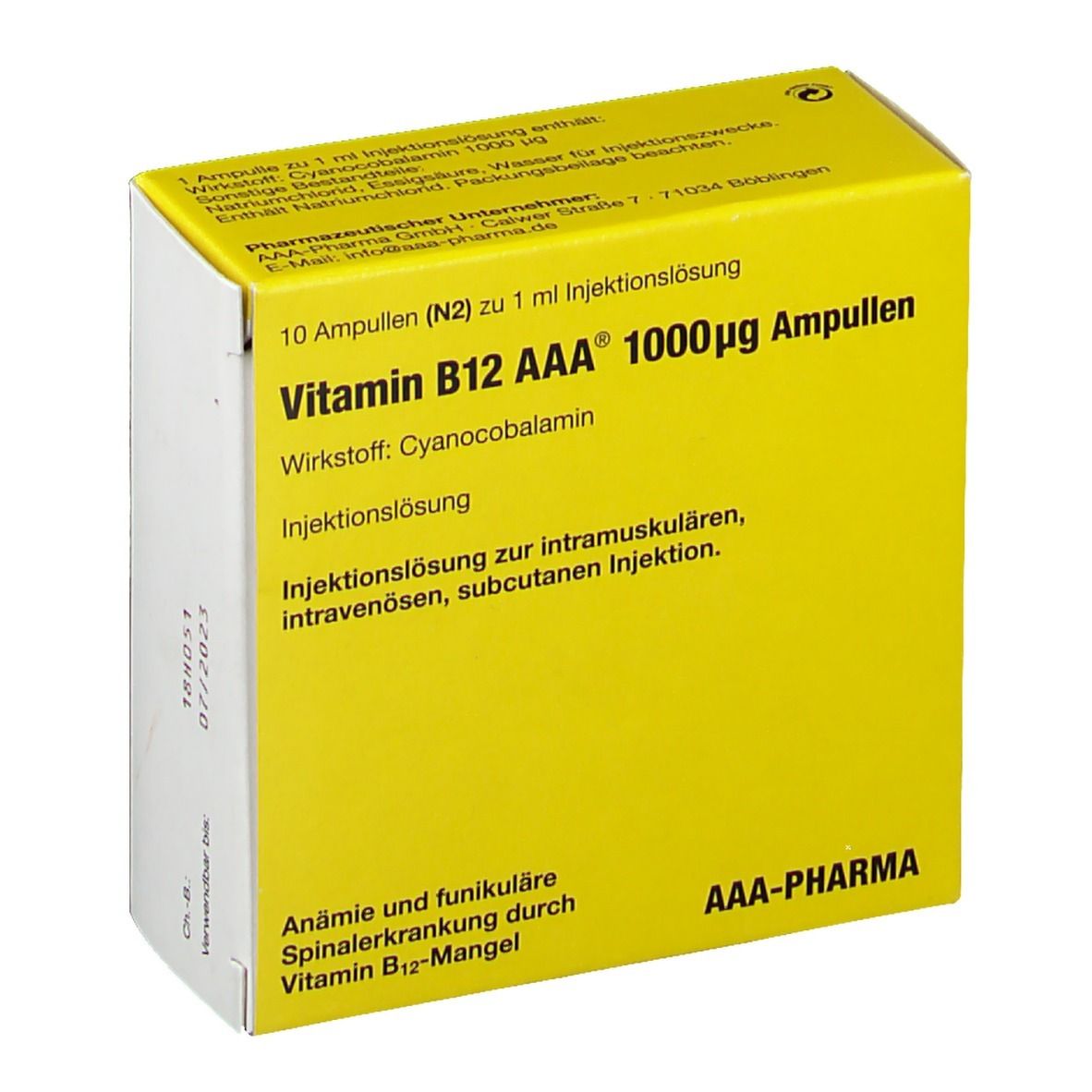 Gelbe Schachtel mit Aufschrift Vitamin B12 AAA 1000µg Ampullen. Enthält 10 Ampullen. Marke AAA-Pharma.