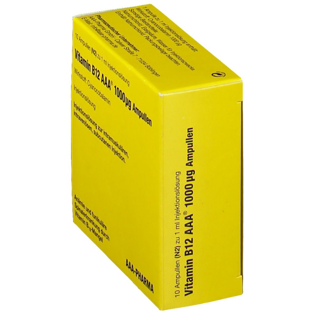 Gelbe Schachtel mit Aufschrift Vitamin B12 AAA 1000µg Ampullen. Enthält 10 Ampullen. Marke AAA-Pharma.