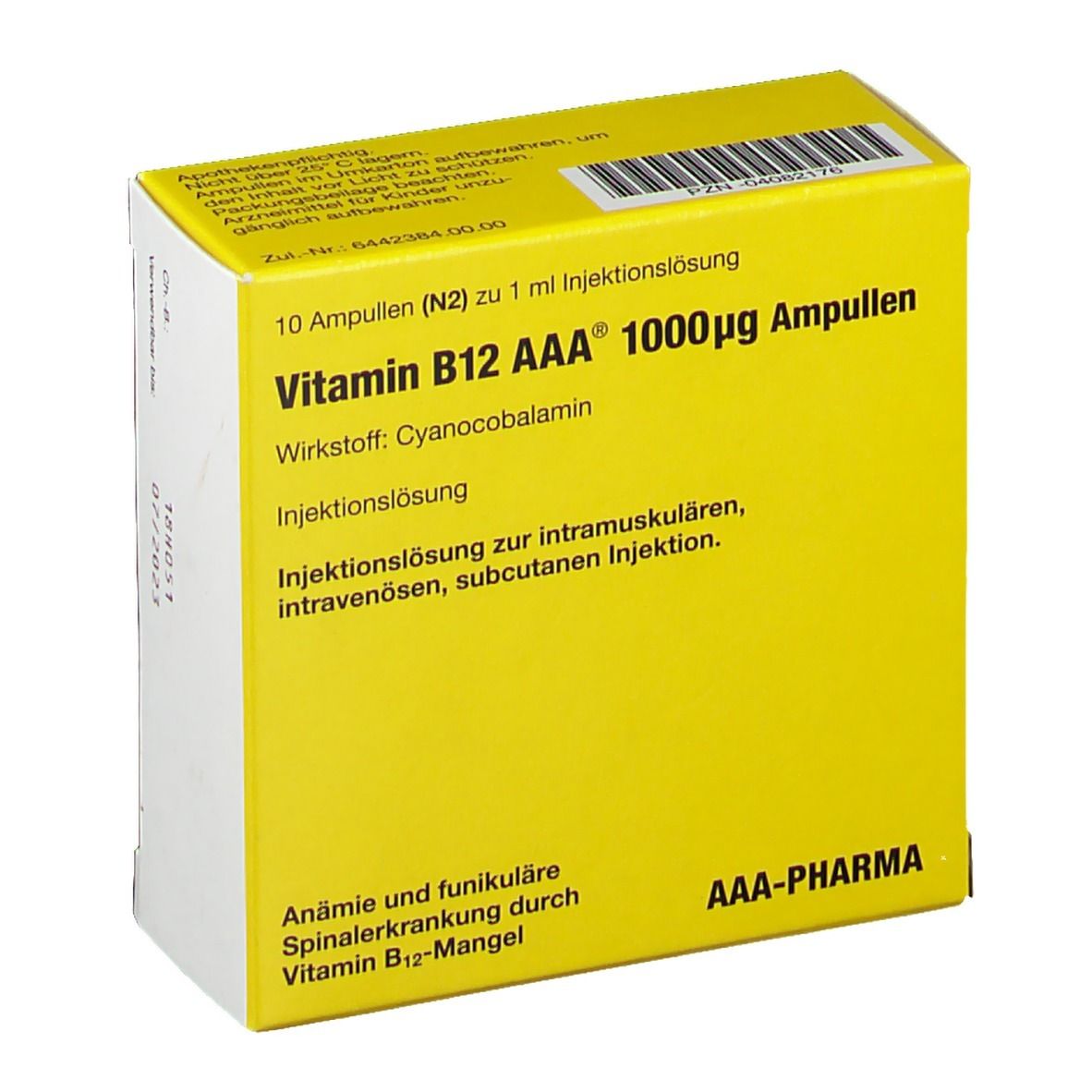 Gelbe Schachtel mit Aufschrift Vitamin B12 AAA 1000µg Ampullen. Enthält 10 Ampullen. Marke AAA-Pharma.
