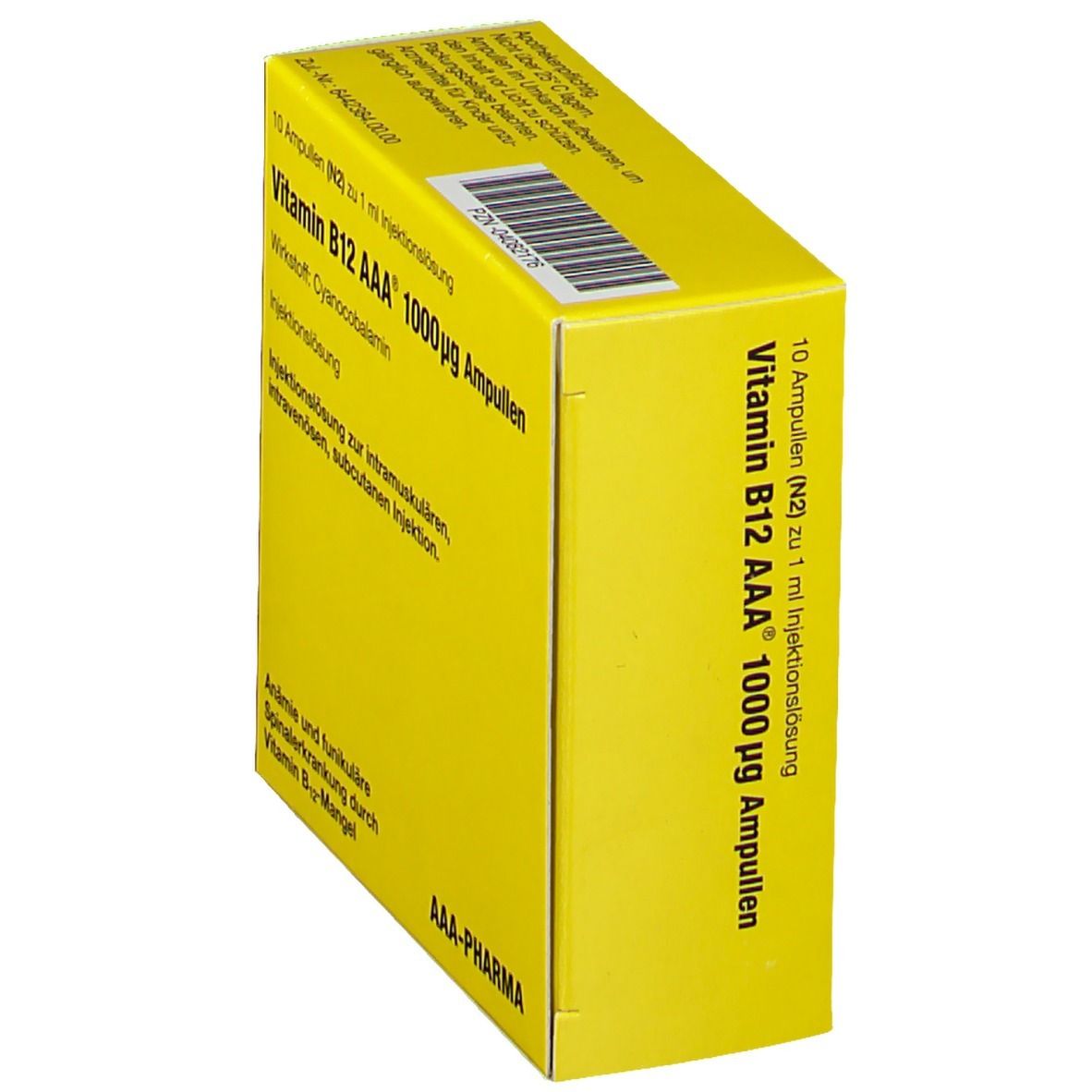 Gelbe Schachtel mit Aufschrift Vitamin B12 AAA 1000µg Ampullen. Enthält 10 Ampullen. Marke AAA-Pharma.