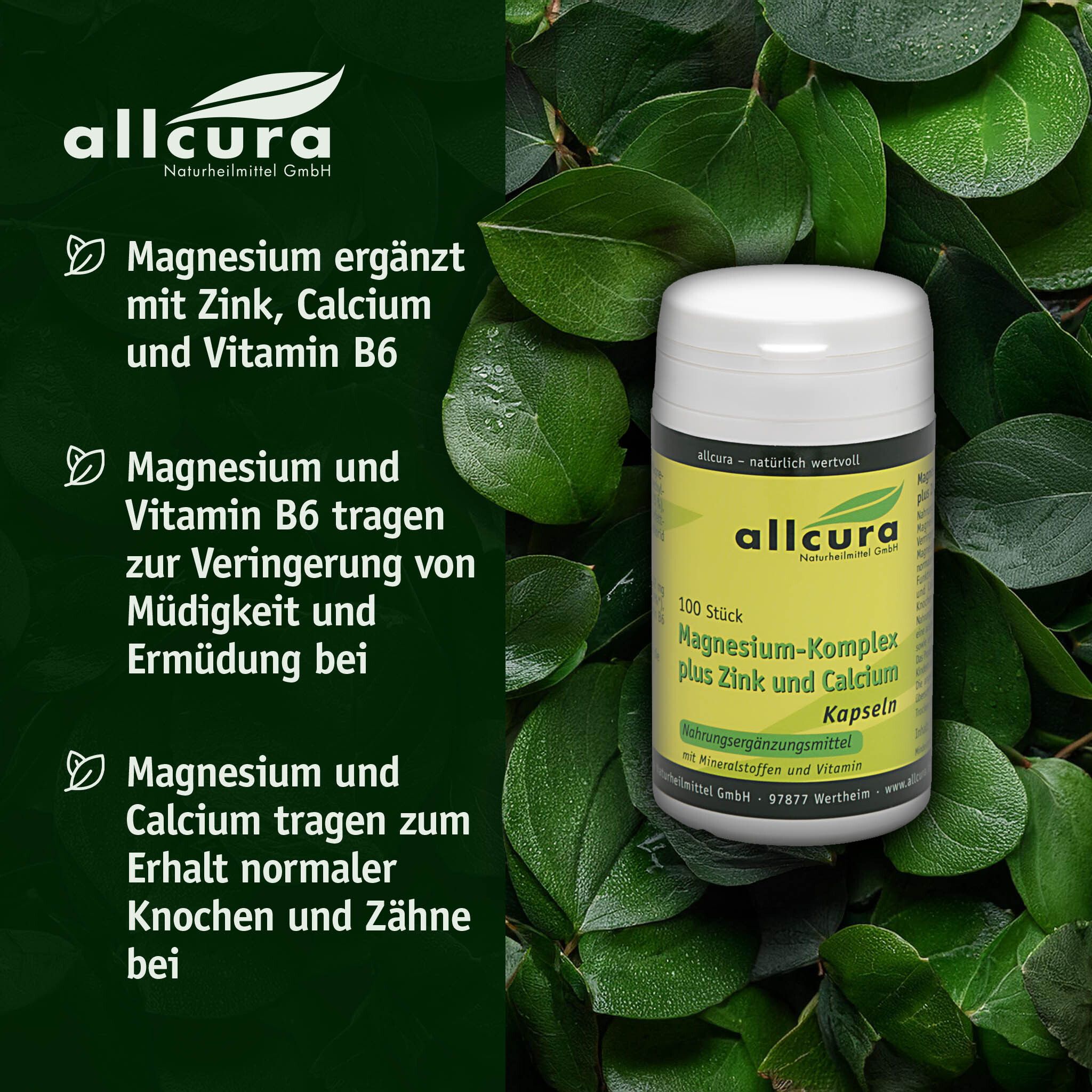 Weiße Dose vor grünem Hintergrund. Text: Magnesium ergänzt mit Zink, Calcium und Vitamin B6. 100 Kapseln.