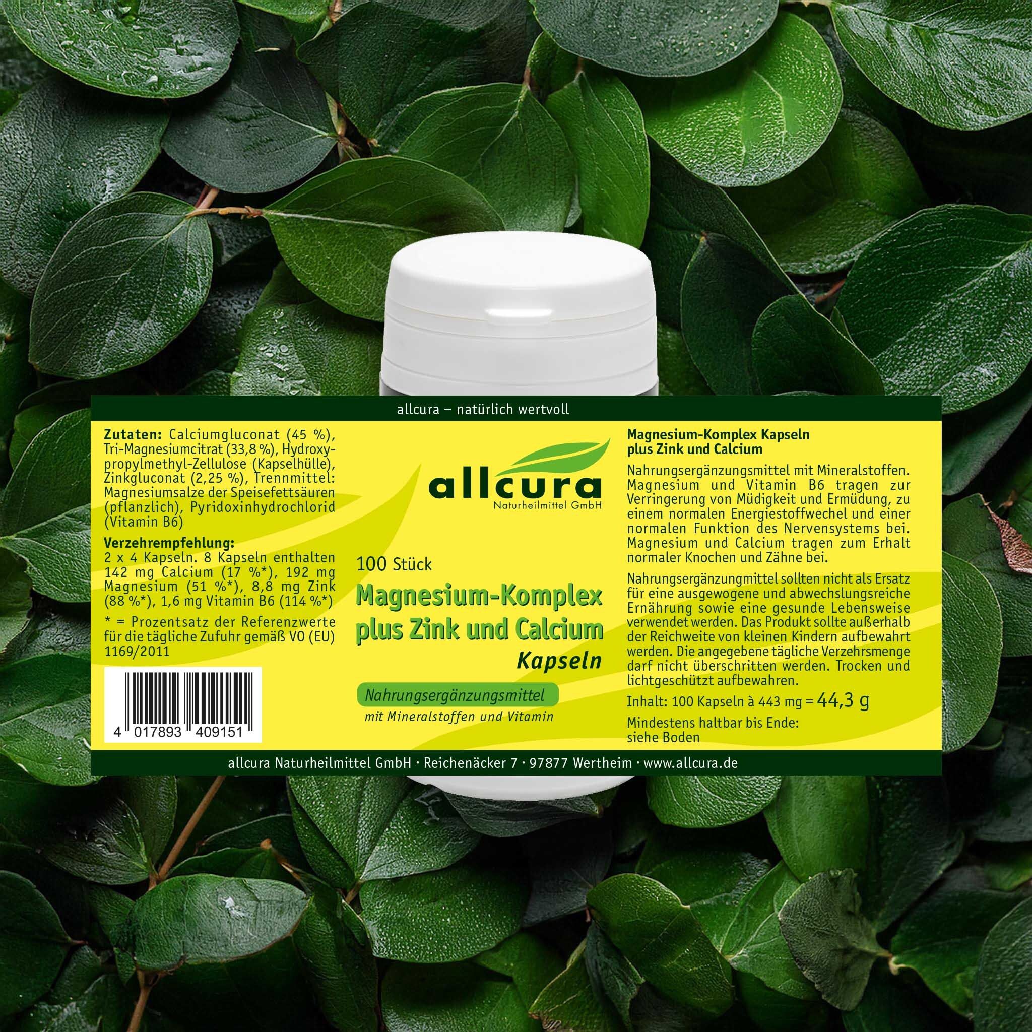 Weiße Dose mit grünem Etikett auf Blättern. Text: Magnesium-Komplex plus Zink und Calcium Kapseln. 100 Stück.