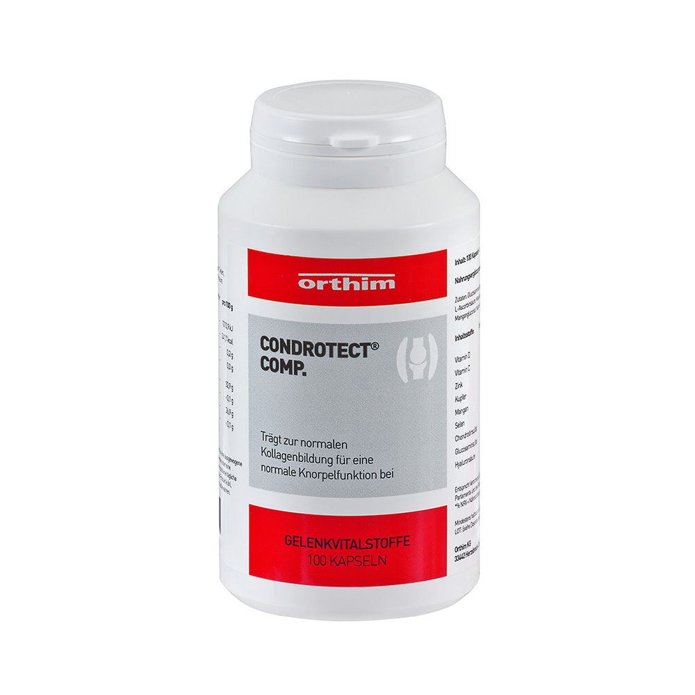 Weiße Flasche mit rotem Etikett. Aufschrift: Condrotect® Comp. Gelenk-Vitalstoffe. 100 Kapseln.