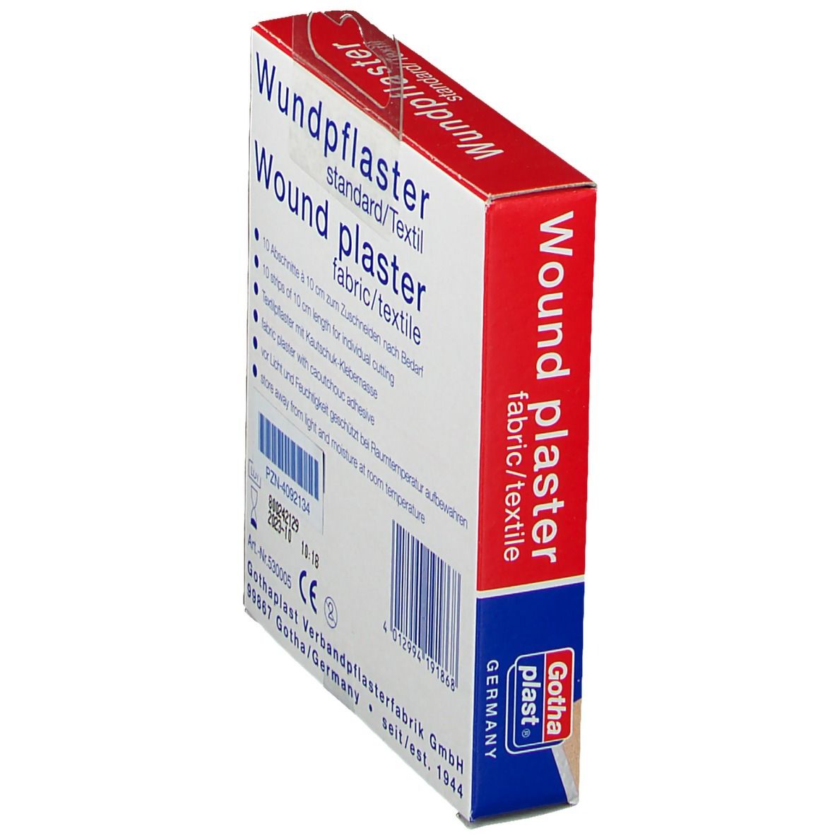 Rückseite der GothaPlast Wundpflaster-Verpackung, schräg. Text: 10 Streifen à 10 cm. CE-Kennzeichnung.