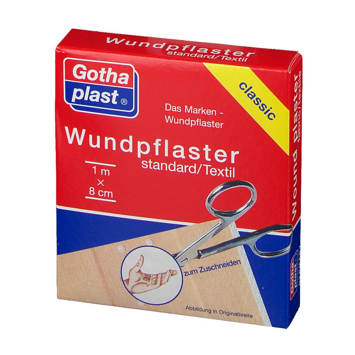 Rote Schachtel mit GothaPlast Wundpflaster. Aufschrift: 1 m x 8 cm. Schere und Hand-Illustration.