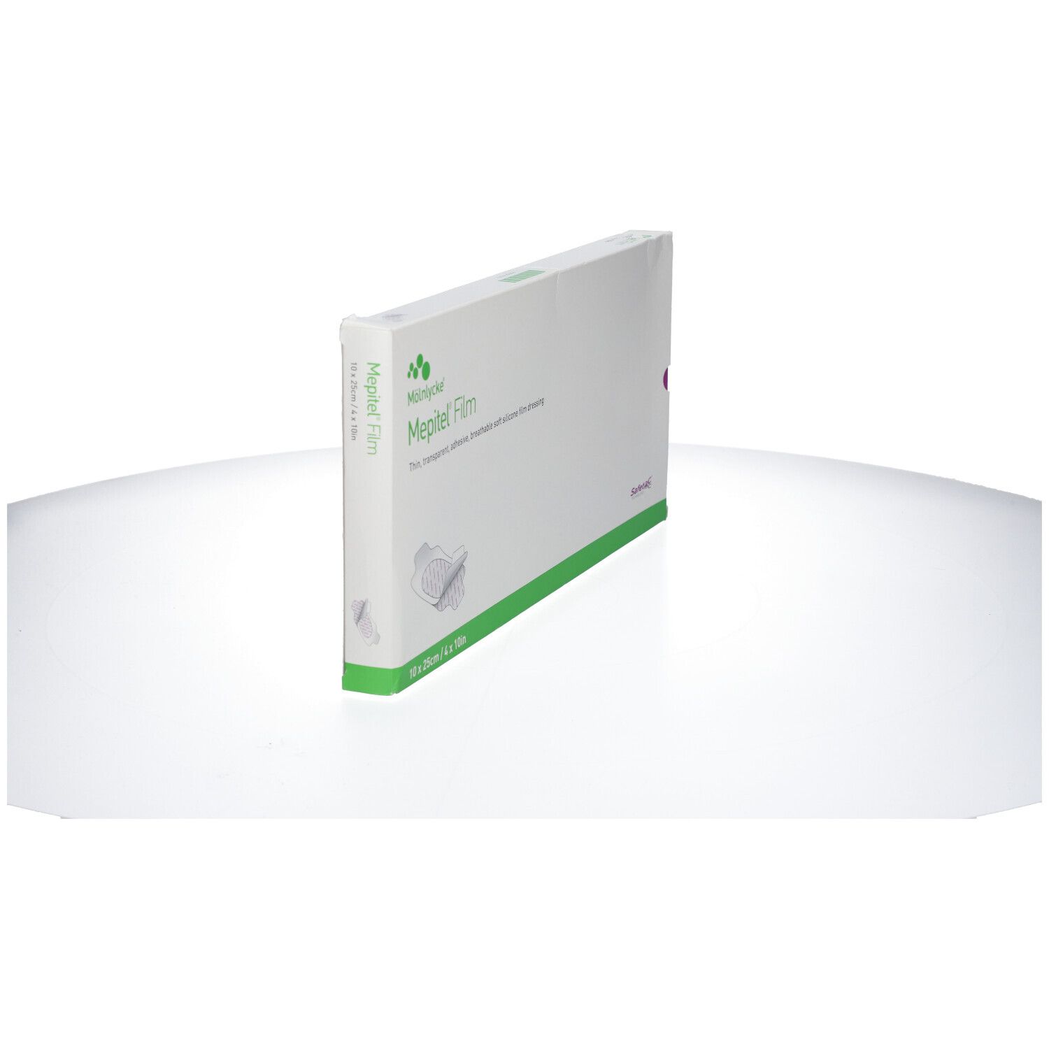 Mepitel Film Verpackung, stehend. Weiß mit grünen Akzenten. Produktname und Größe sichtbar.
