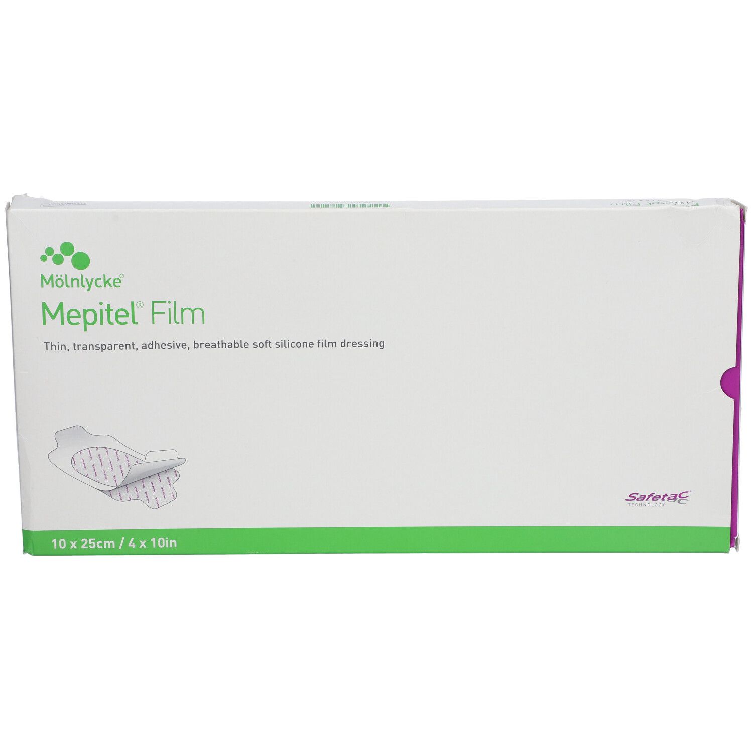 Mepitel Film Verpackung, 10 x 25cm. Weiß mit grünen und lila Akzenten. Produktabbildung und Text.