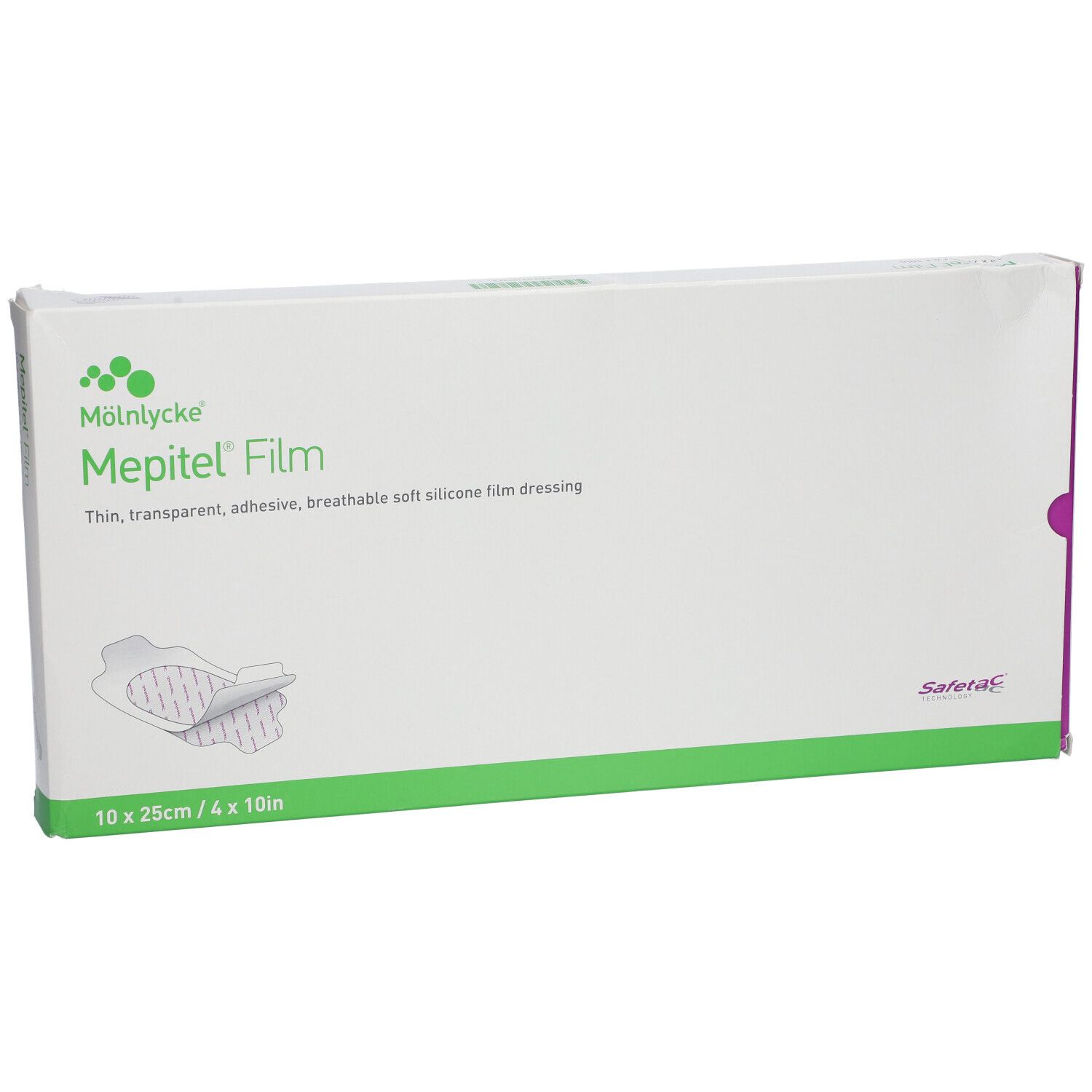 Mepitel Film Verpackung, 10 x 25cm. Weiß mit grünen und lila Akzenten. Produktabbildung und Text.