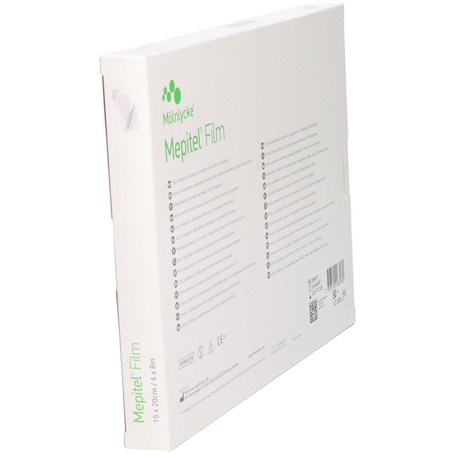 Mepitel Film Verpackung, weiß mit grünen Akzenten. Produktname und Größenangabe: 15x20cm/6x8in.