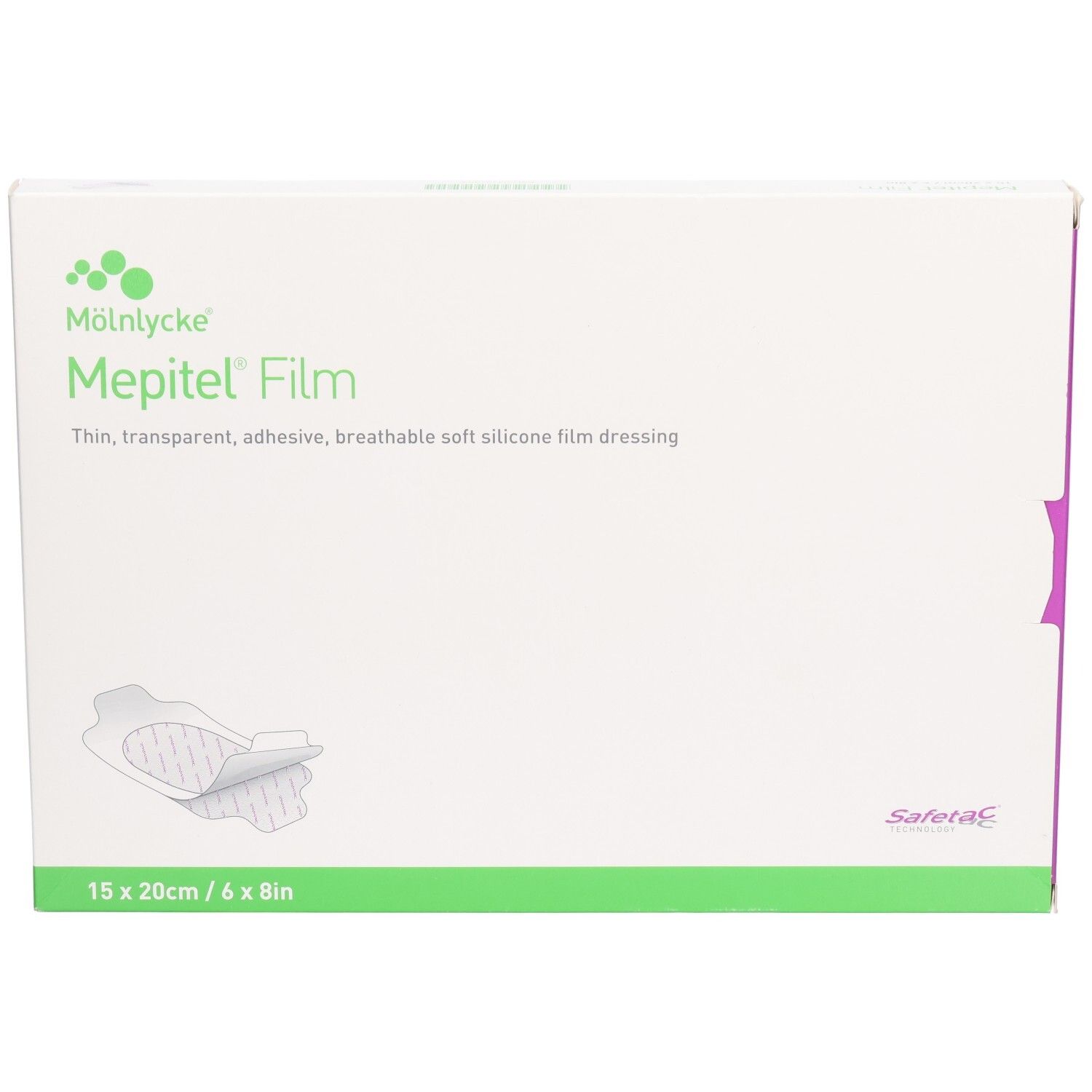 Verpackung von Mepitel Film. Grün-weiße Schachtel mit Produktabbildung und Größenangabe: 15x20cm/6x8in.