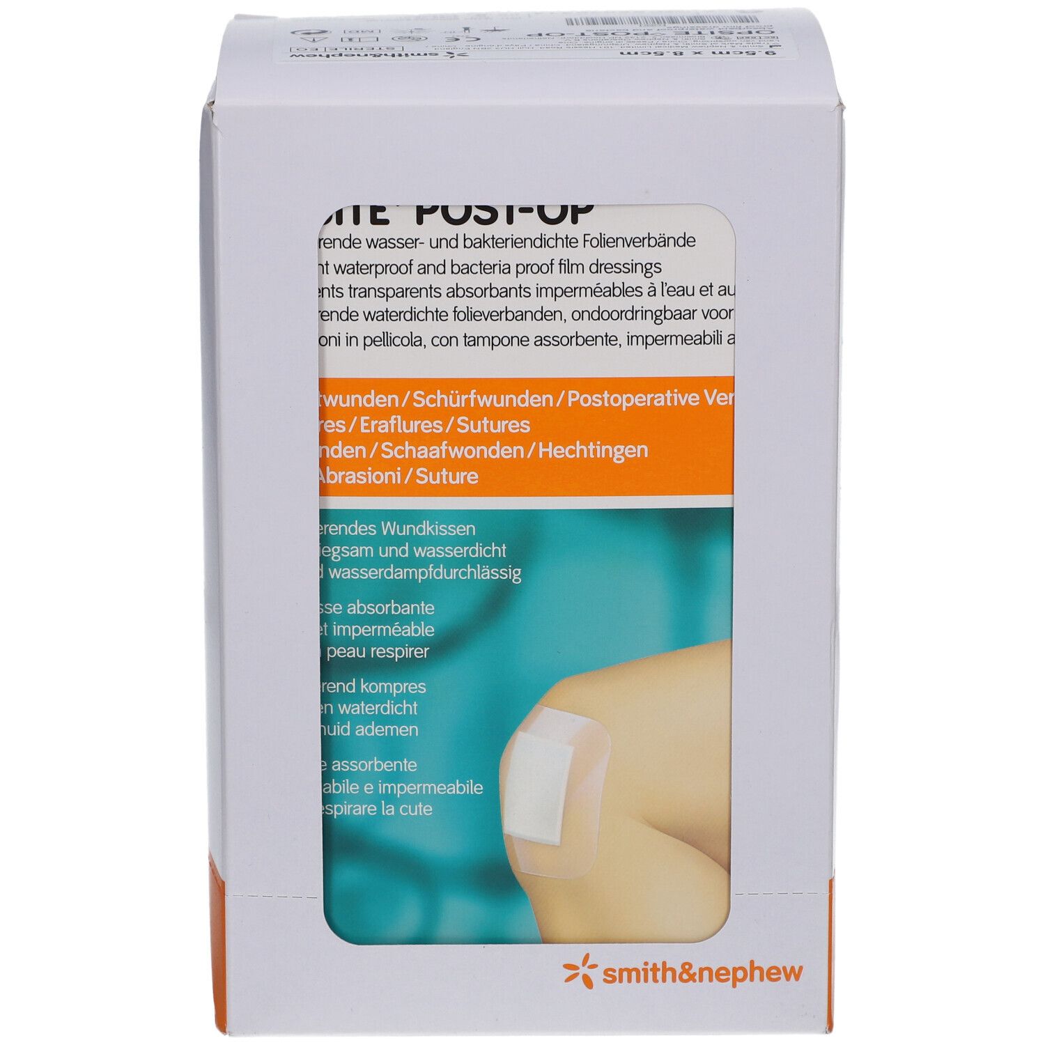Verpackung, Rückseite. Sichtbar: Text OPSITE POST-OP, Produktabbildung, Smith & Nephew Logo.
