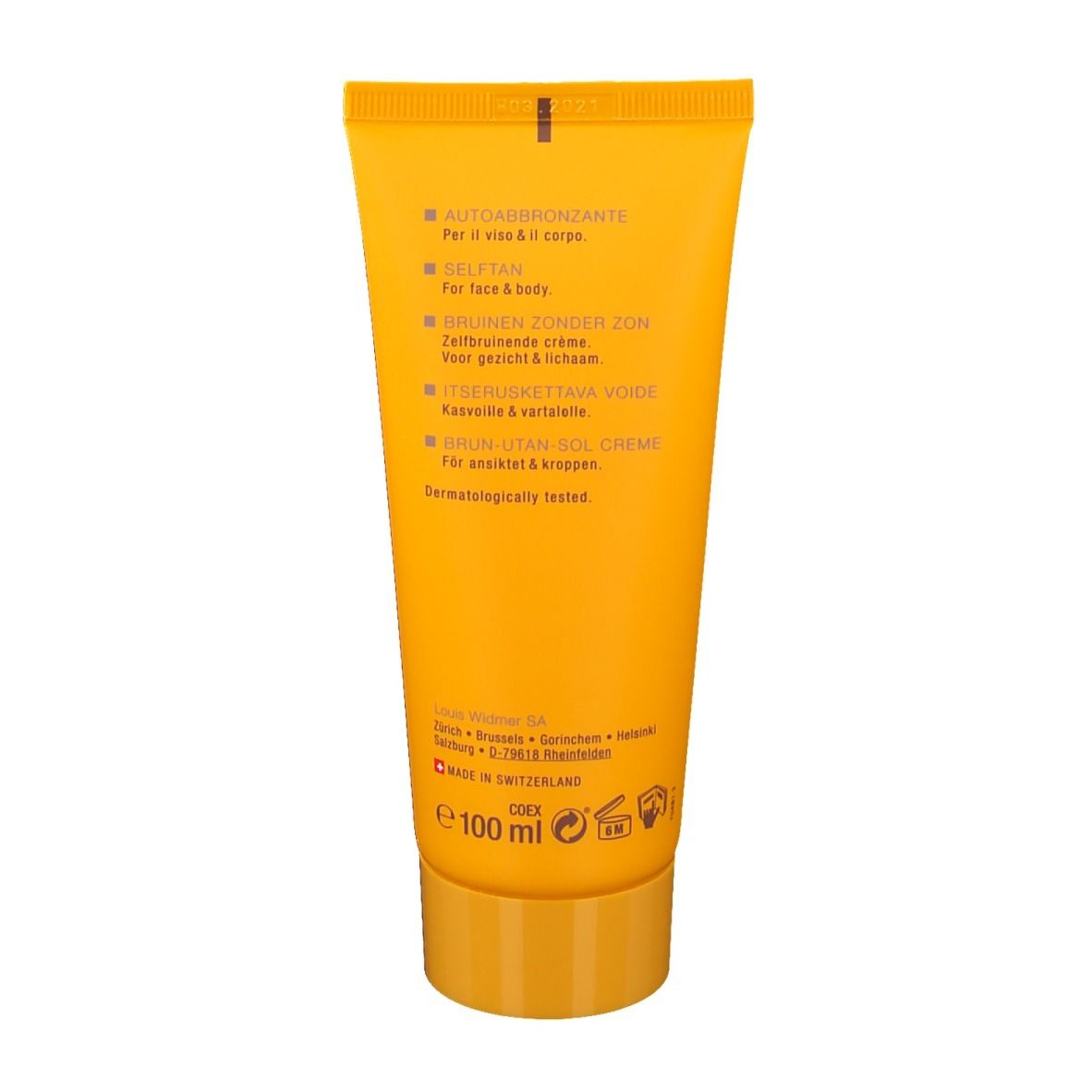Rückseite einer gelben Tube. Text in mehreren Sprachen: Auto-Bräunungscreme, Selftan für Gesicht & Körper, etc. Dermatologisch getestet.