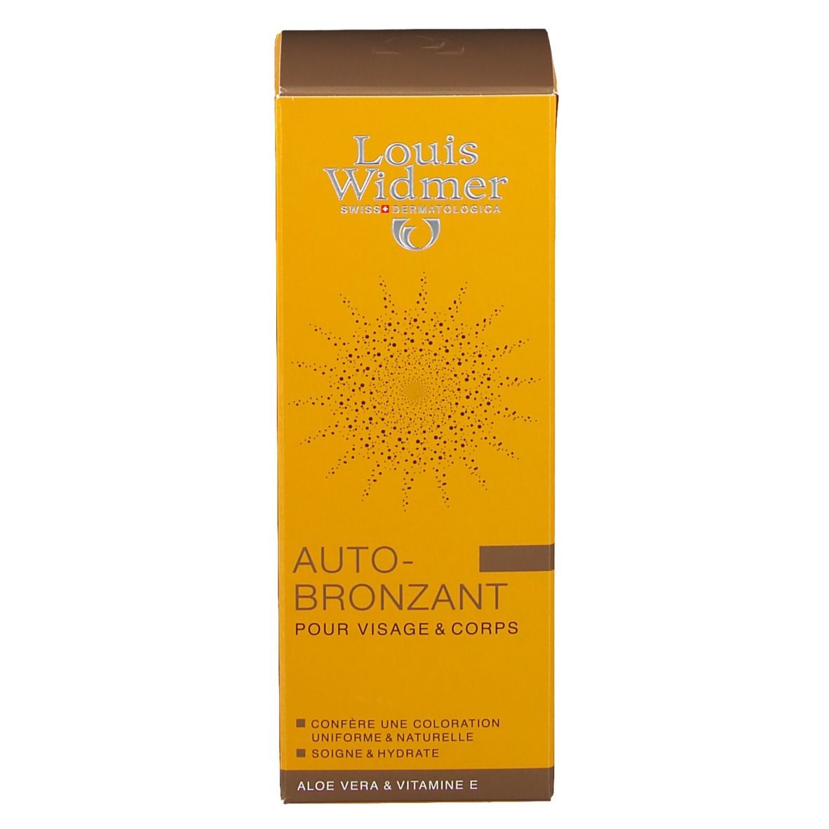 Gelbe Schachtel mit "Louis Widmer"-Logo und "Auto-Bronzant" für Gesicht & Körper. Text: "Confere une coloration uniforme & naturelle".