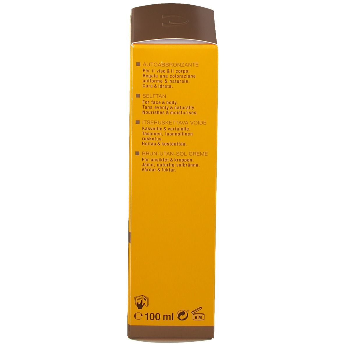 Rückseite der gelben Schachtel. Text in mehreren Sprachen: Autoabbronzante, Selftan, etc. 100 ml. Hergestellt in der Schweiz.