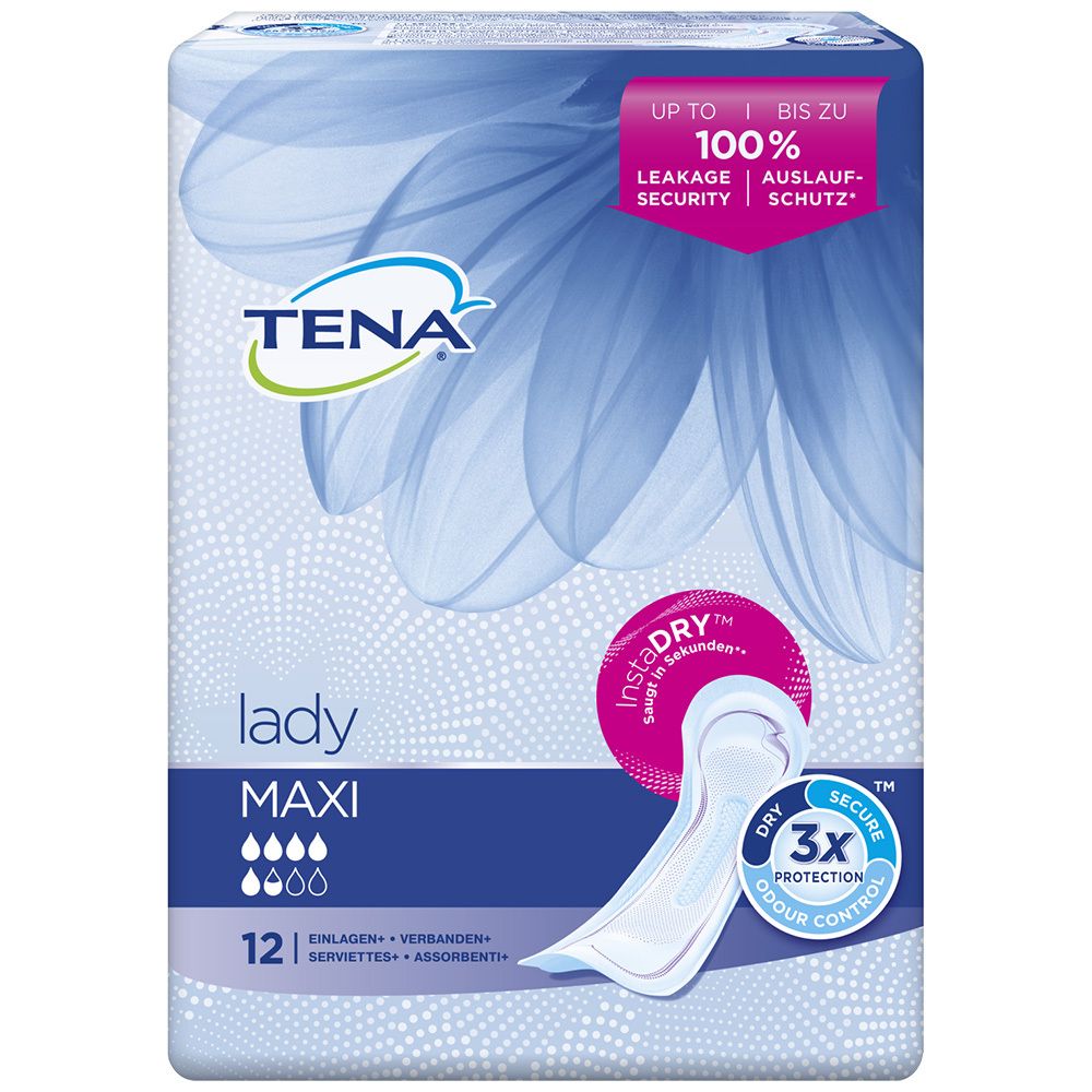 Verpackung von TENA Lady Maxi. Blaue Verpackung mit Produktabbildung und floralem Muster. Text: '100% Auslaufschutz'.