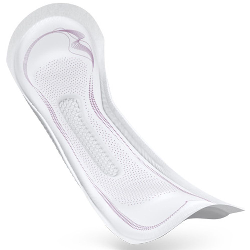 Weißes Inkontinenzprodukt. Anatomische Form mit absorbierendem Kern und seitlichen Auslaufschutzbarrieren. Rosafarbene Akzente.