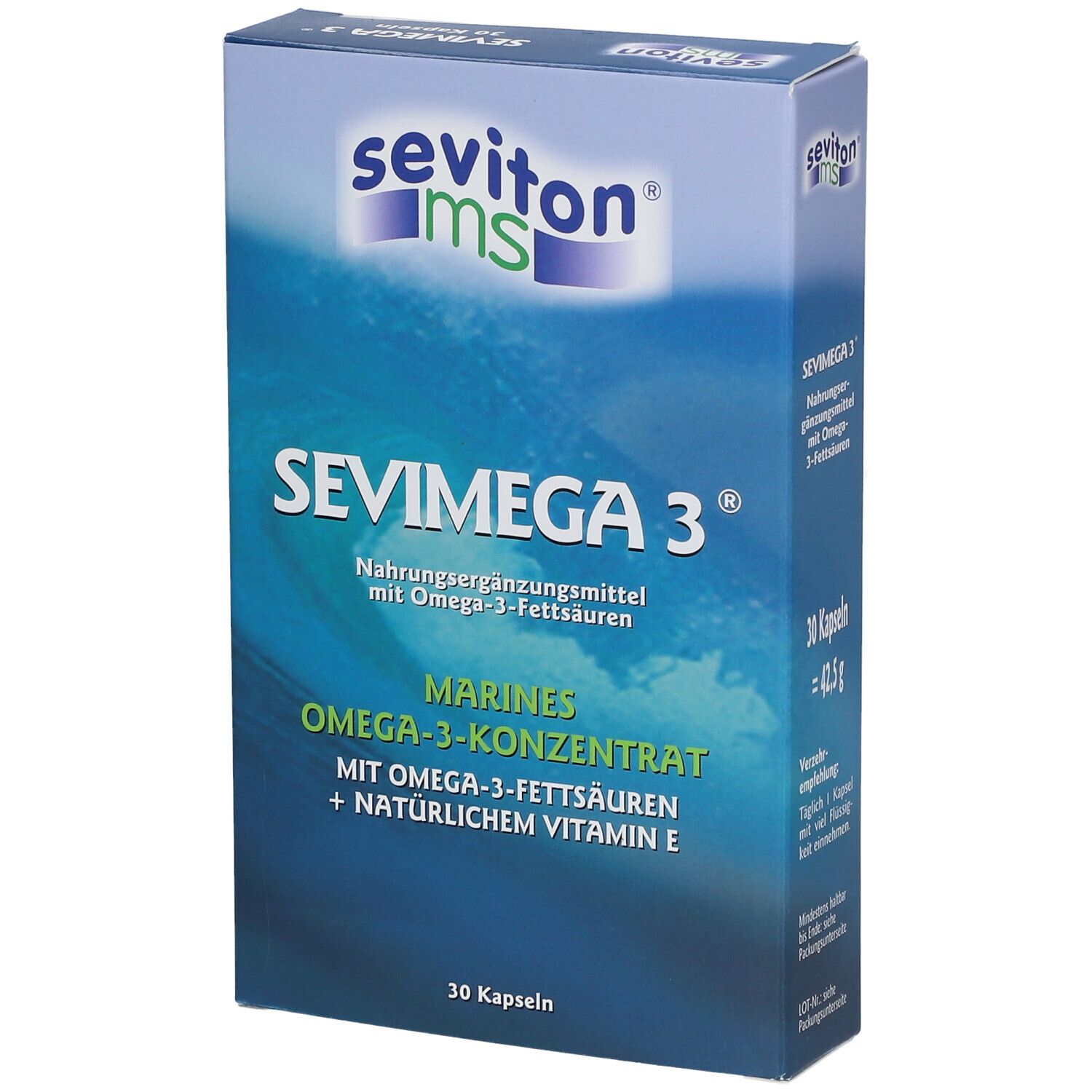 Blau-weiße Schachtel mit SEVIMEGA 3®. Aufschrift: Nahrungsergänzungsmittel mit Omega-3-Fettsäuren. 30 Kapseln.