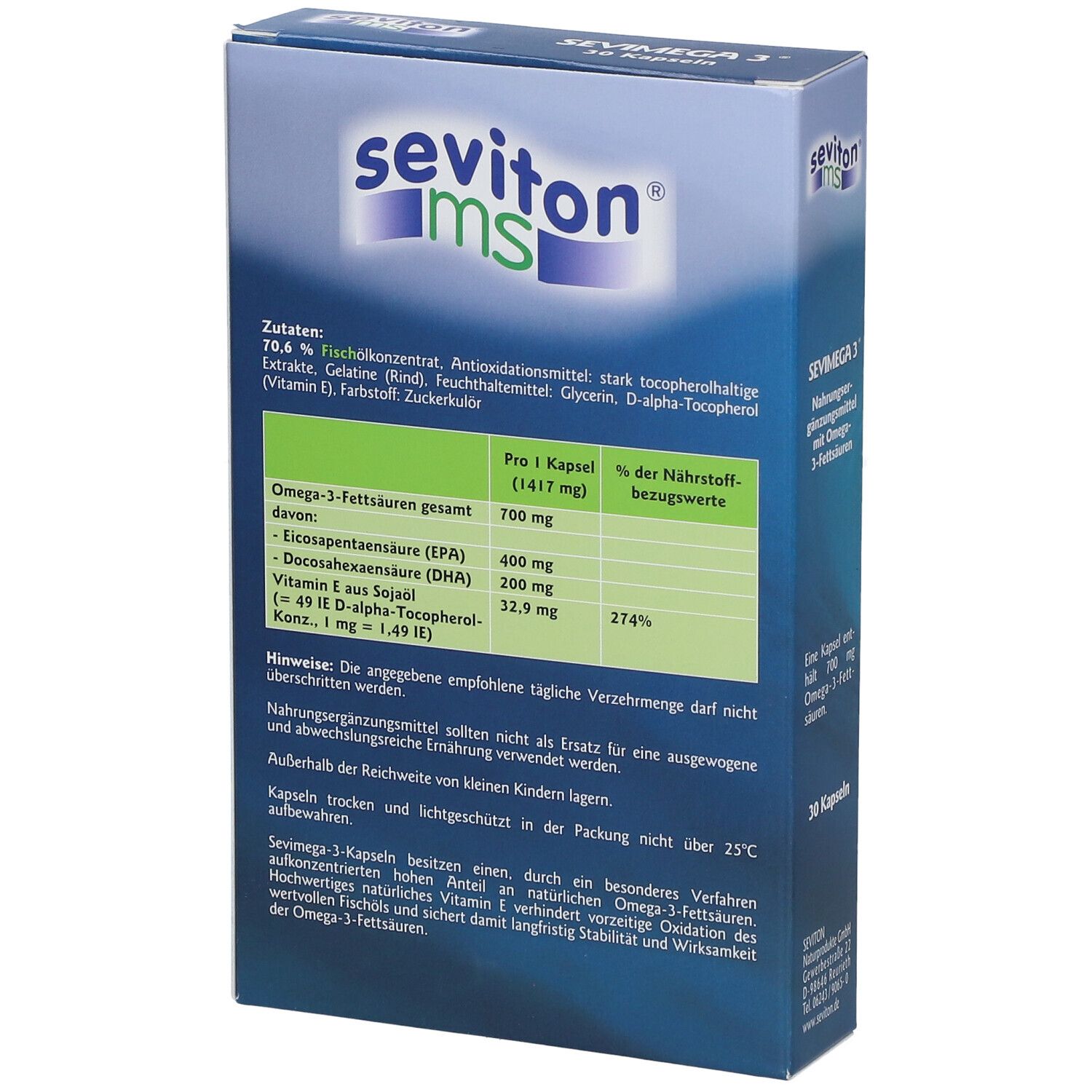 Blau-weiße Schachtel mit SEVIMEGA 3®. Aufschrift: Nahrungsergänzungsmittel mit Omega-3-Fettsäuren. 30 Kapseln.