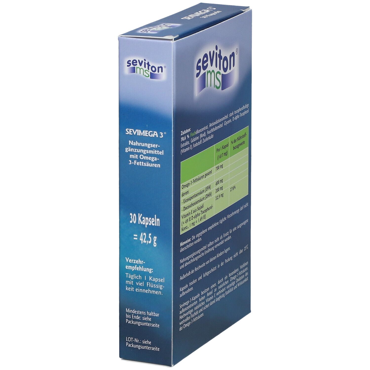 Blau-weiße Schachtel mit SEVIMEGA 3®. Aufschrift: Nahrungsergänzungsmittel mit Omega-3-Fettsäuren. 30 Kapseln.