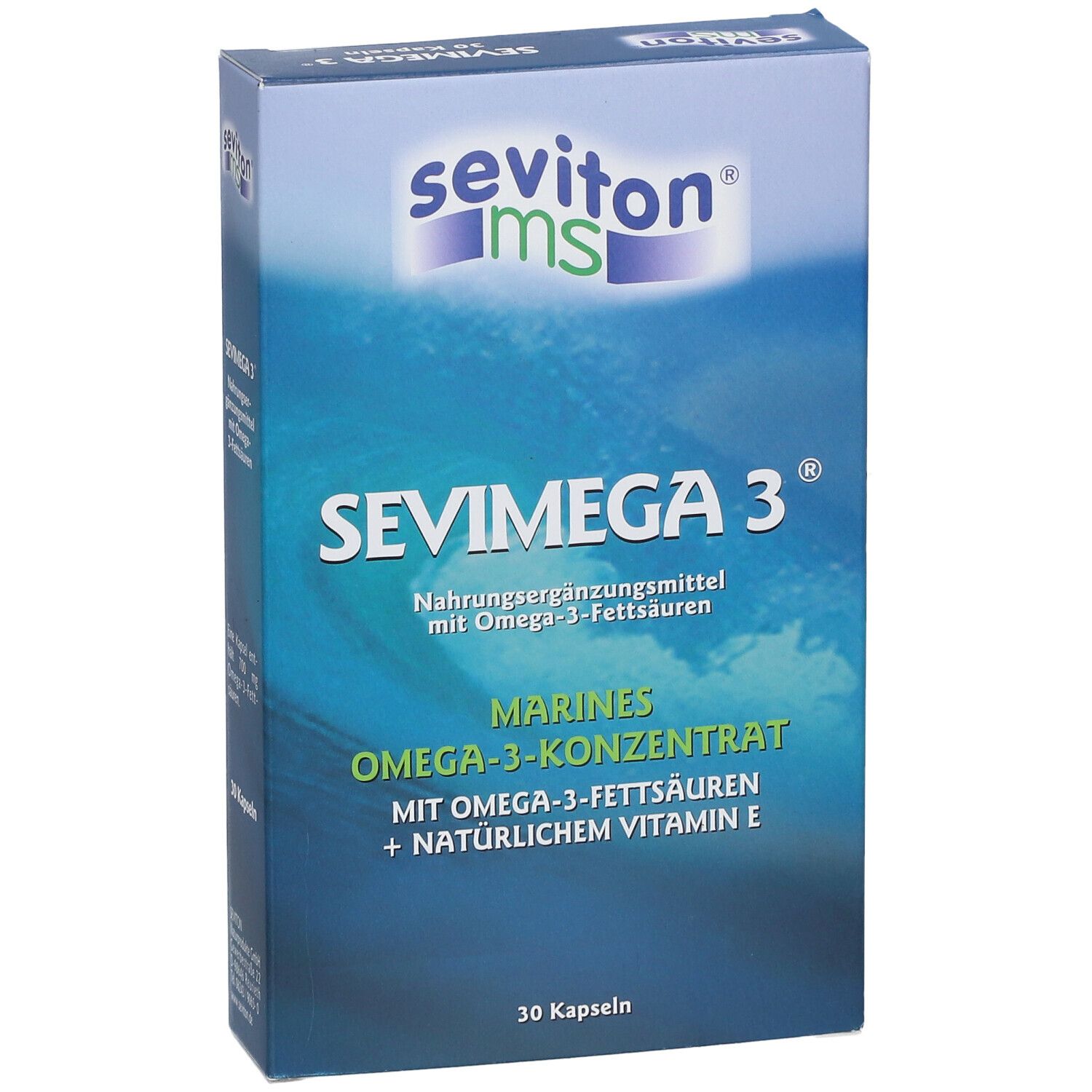 Blau-weiße Schachtel mit SEVIMEGA 3®. Aufschrift: Nahrungsergänzungsmittel mit Omega-3-Fettsäuren. 30 Kapseln.