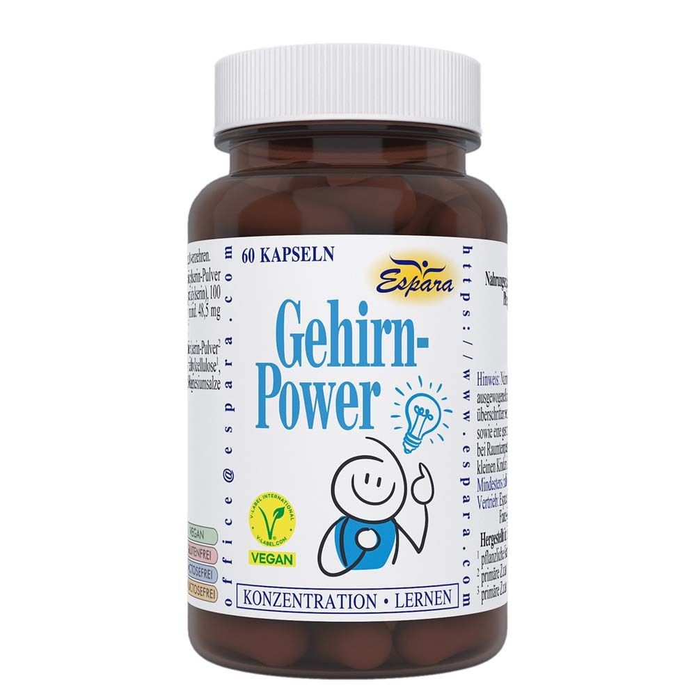 Braune Kapseln in einer braunen Flasche mit weißem Deckel. Aufschrift: Gehirn-Power, Espara, 60 Kapseln, Vegan.