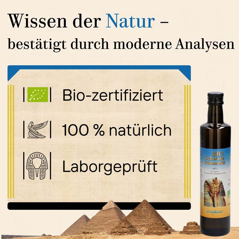 Produktflasche mit Text: Wissen der Natur. Bio-zertifiziert, 100% natürlich, Laborgeprüft. Pyramiden.
