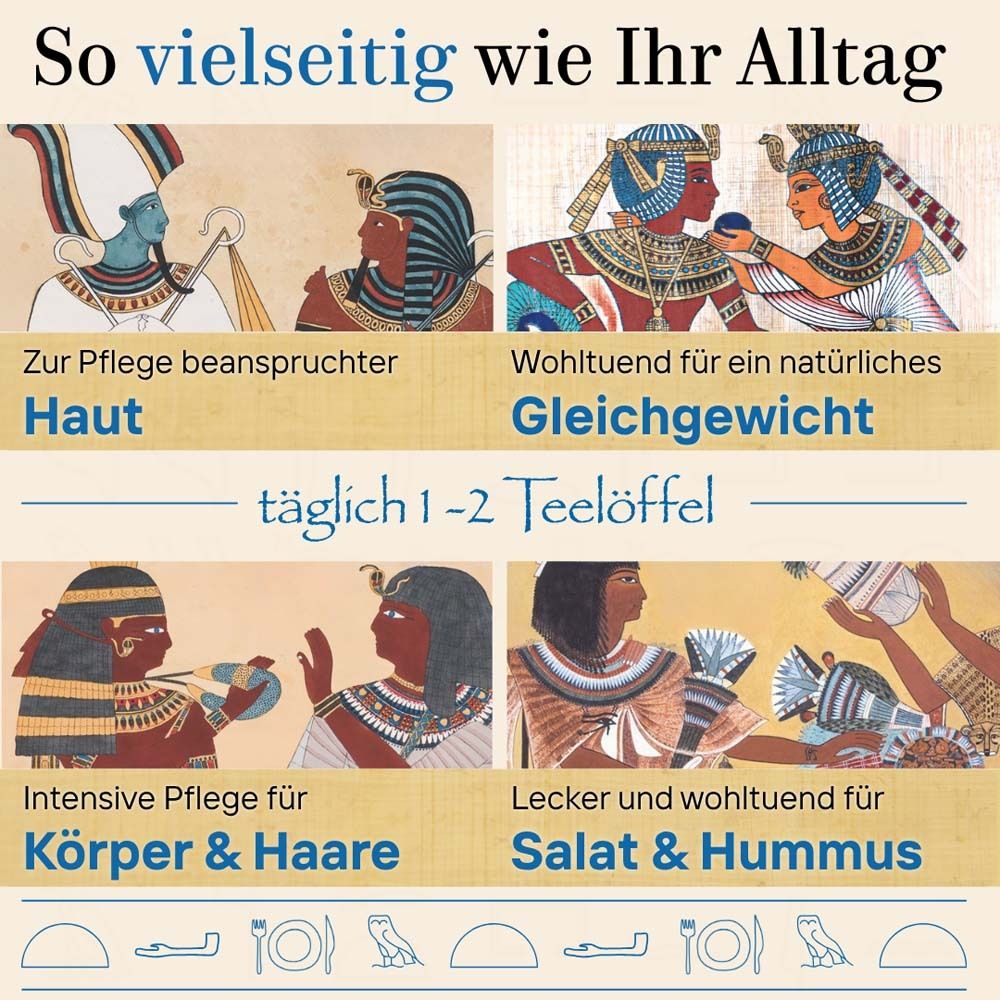 Grafik mit vier Szenen. Haut, Gleichgewicht, Körper & Haare, Salat & Hummus. Täglich 1-2 Teelöffel.