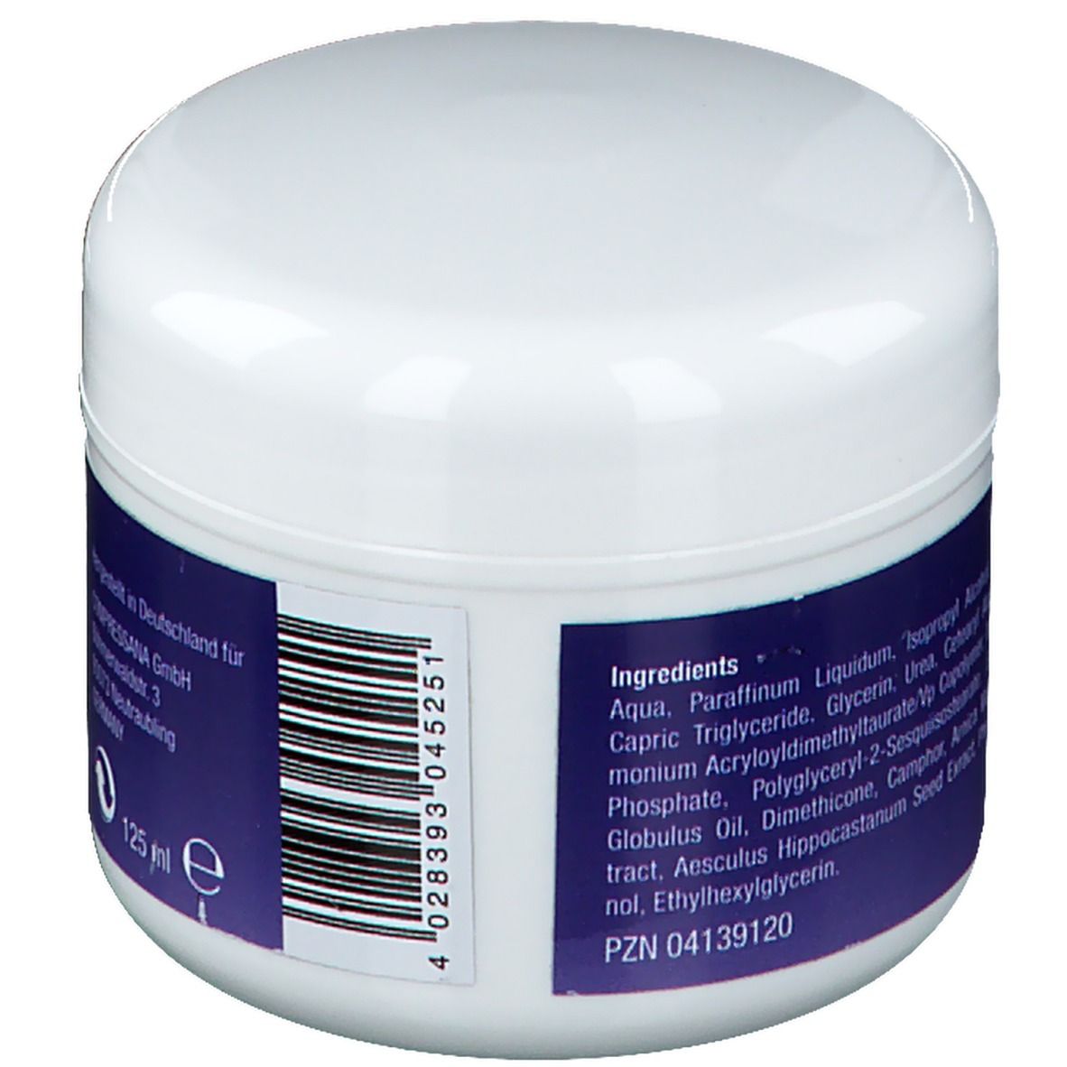 Weißer Tiegel mit blauem Etikett. Barcode und Text: Ingredients. 125 ml. PZN 04139120.