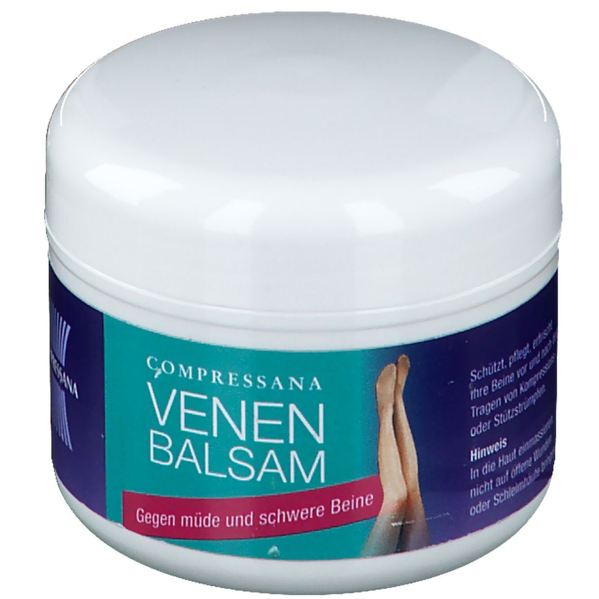 Weißer Tiegel mit blau-türkisfarbenem Etikett. Aufschrift: COMPRESSANA VENEN BALSAM. Gegen müde und schwere Beine. Abbildung von Beinen.