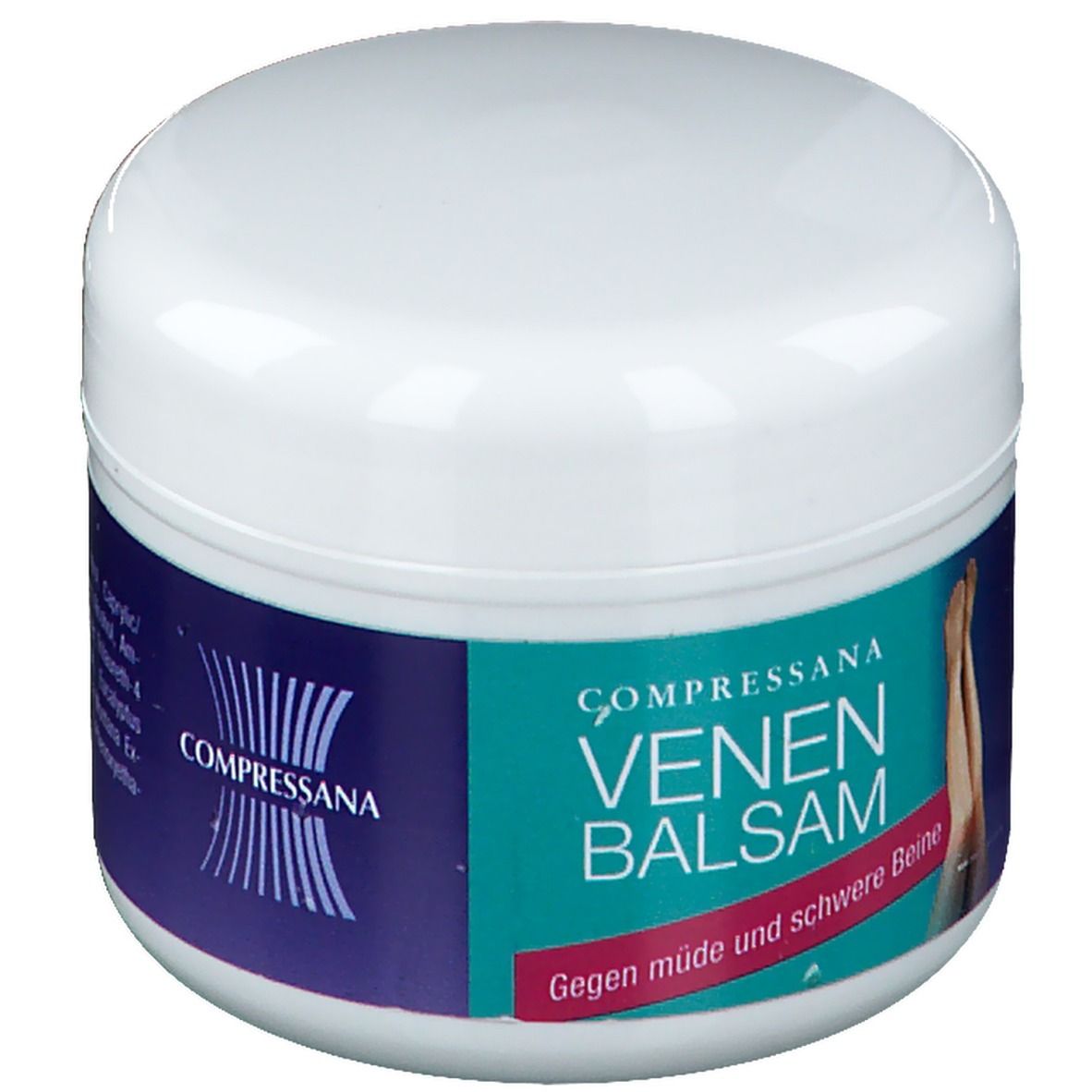 Weißer Tiegel mit blau-türkisfarbenem Etikett. Aufschrift: COMPRESSANA VENEN BALSAM. Gegen müde und schwere Beine.
