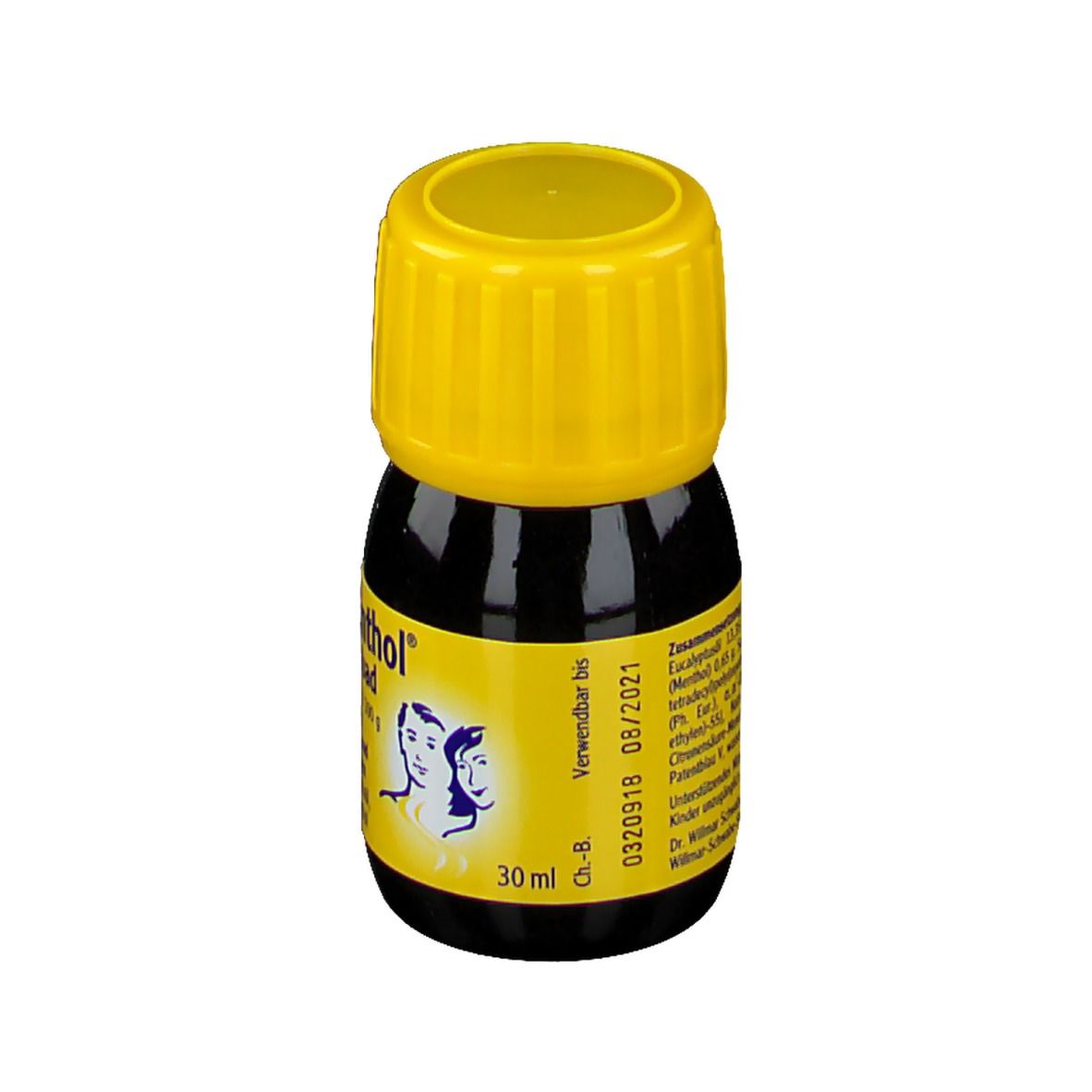 Kleine, braune Flasche mit gelbem Deckel. Aufkleber mit Produktnamen und Inhaltsstoffen. 30 ml.