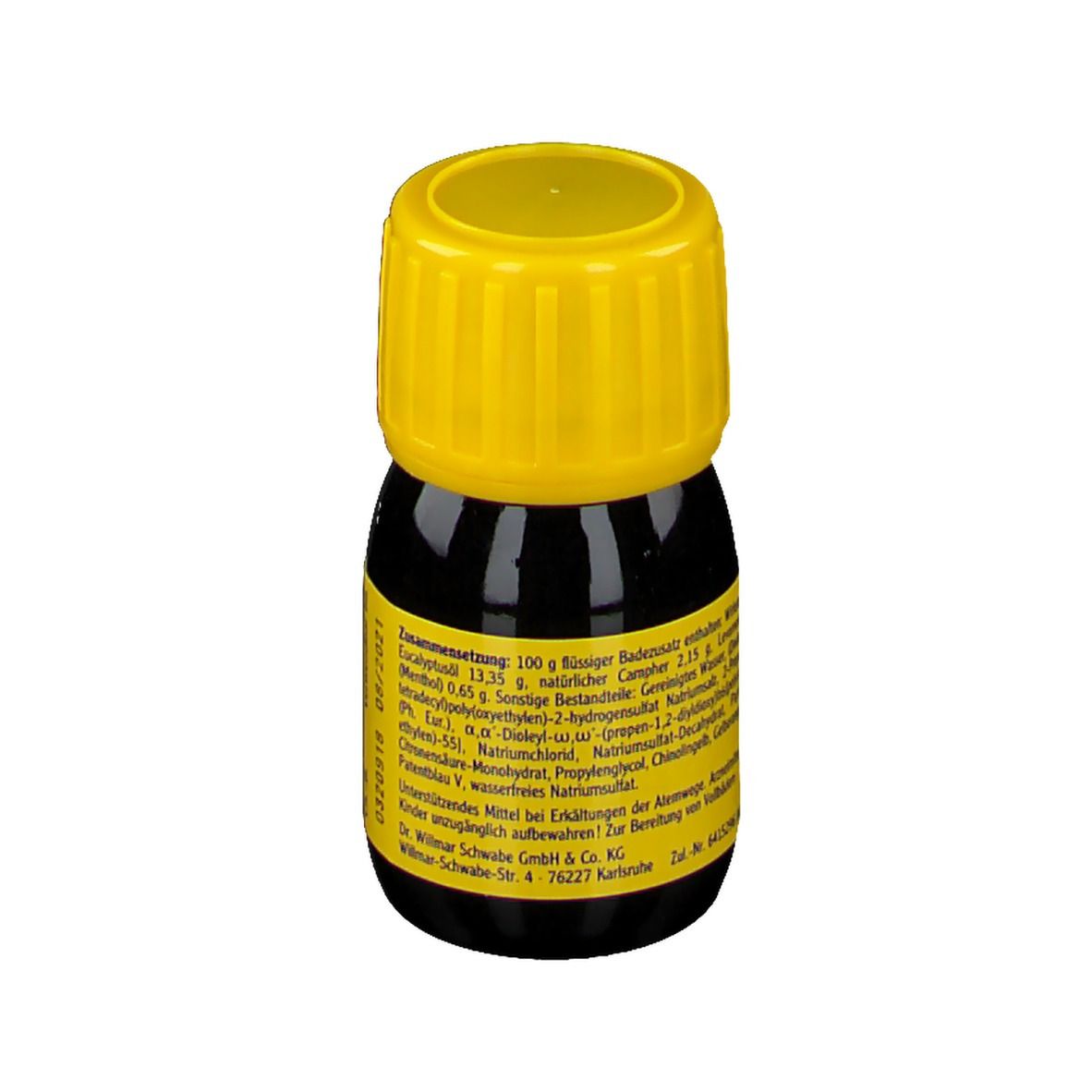 Kleine, braune Flasche mit gelbem Deckel. Aufkleber mit Inhaltsstoffen. Für Erwachsene und Kinder ab 2 Jahren.
