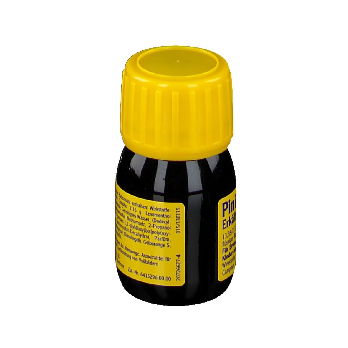 Kleine, braune Flasche mit gelbem Deckel. Aufkleber mit Inhaltsstoffen. Für Erwachsene und Kinder ab 2 Jahren.
