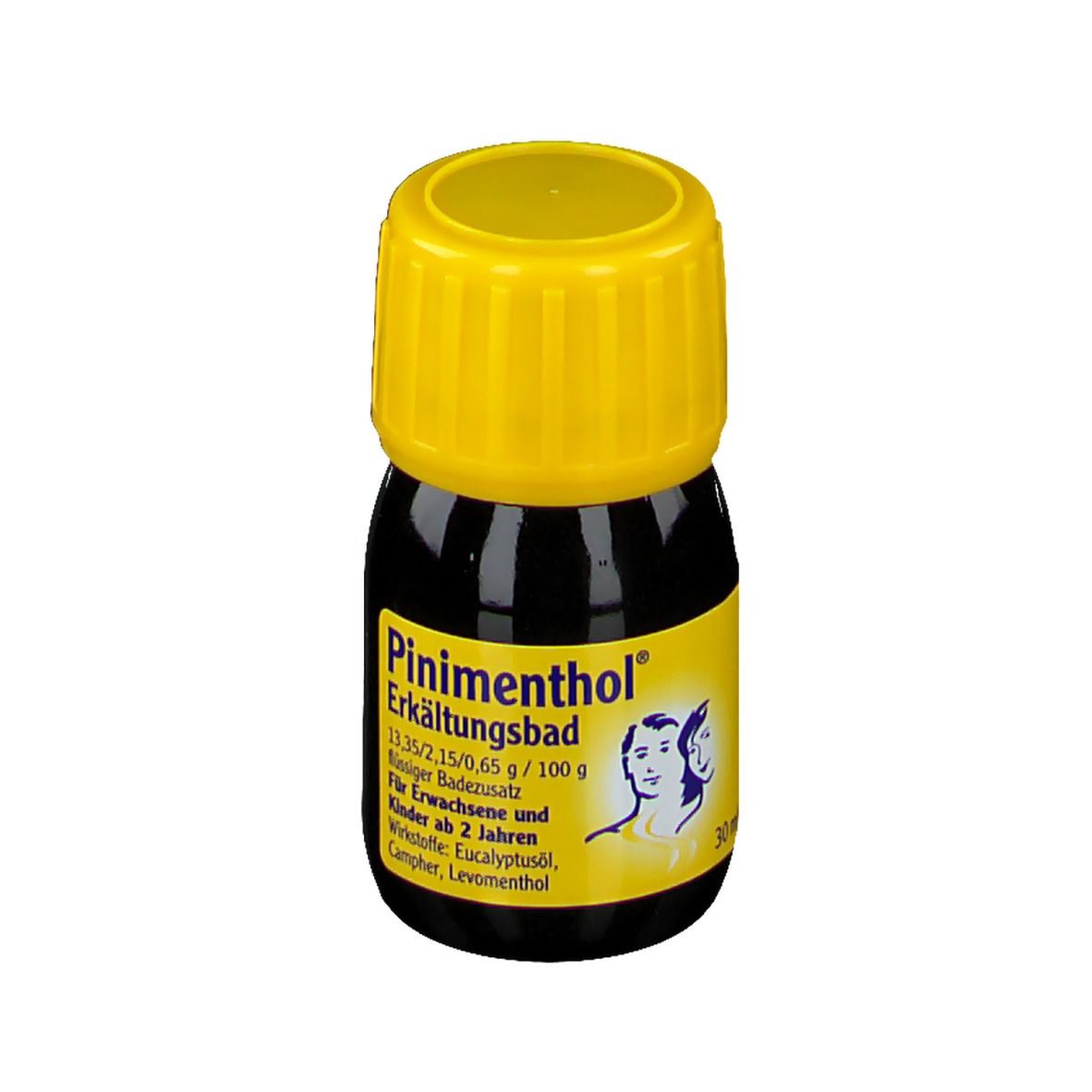 Kleine, braune Flasche mit gelbem Deckel. Aufkleber mit Produktnamen und Inhaltsstoffen. 30 ml.