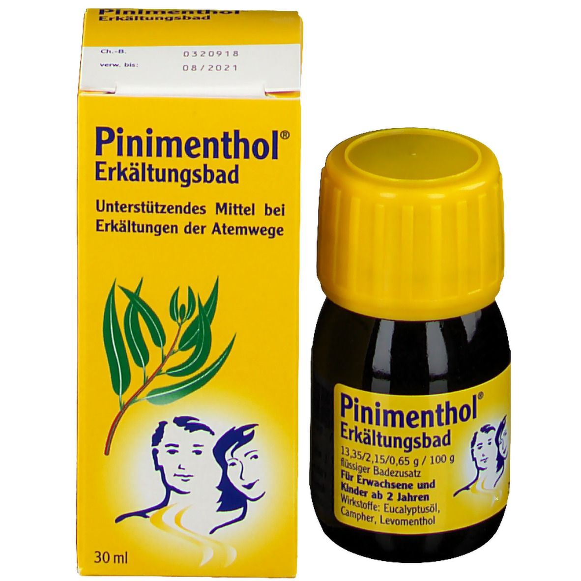 Braune Flasche mit gelbem Deckel und gelbe Schachtel. Produktname und Inhaltsstoffe. 30 ml.