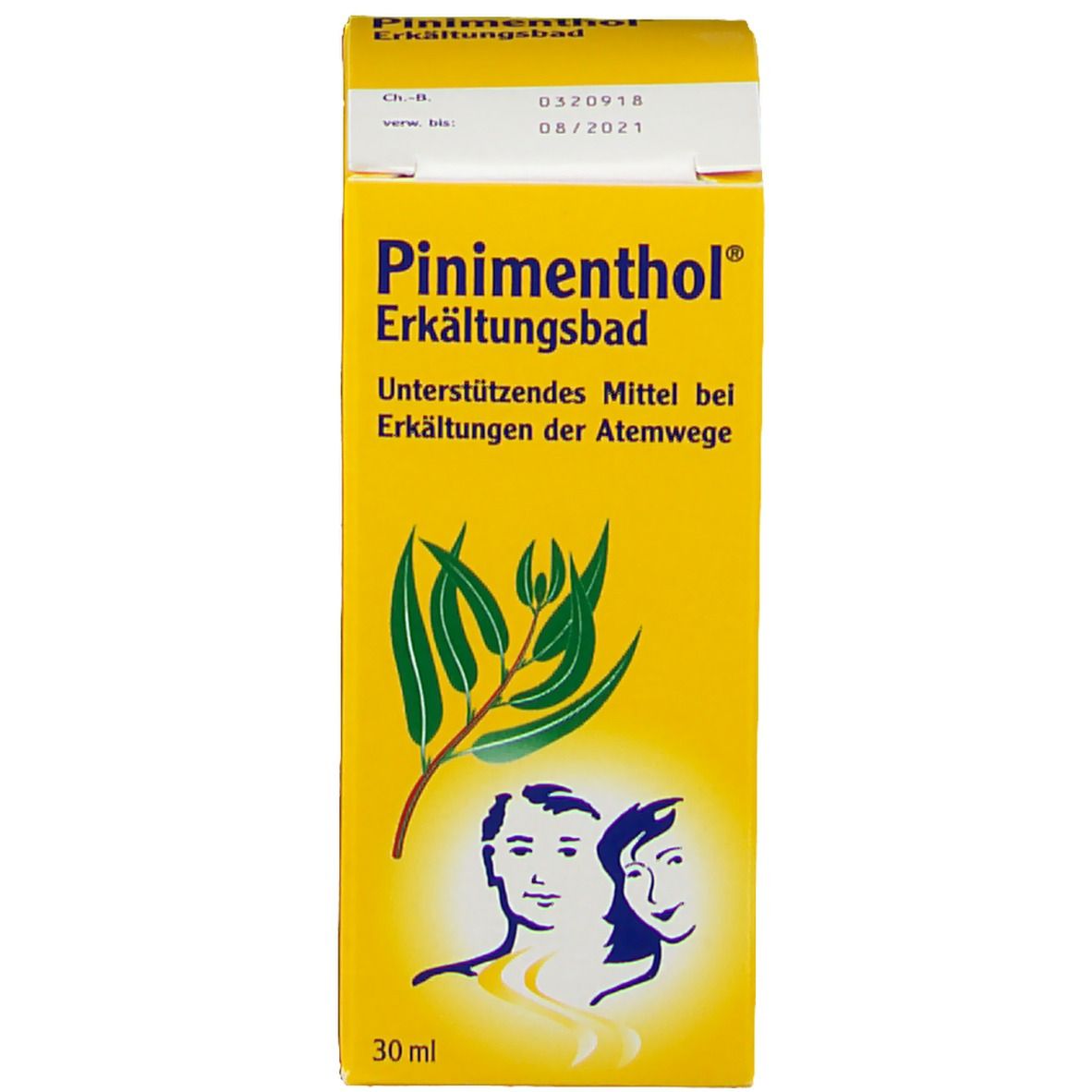 Gelbe Schachtel mit Produktnamen und Inhaltsstoffen. 30 ml. Abbildung von Blättern und Personen.